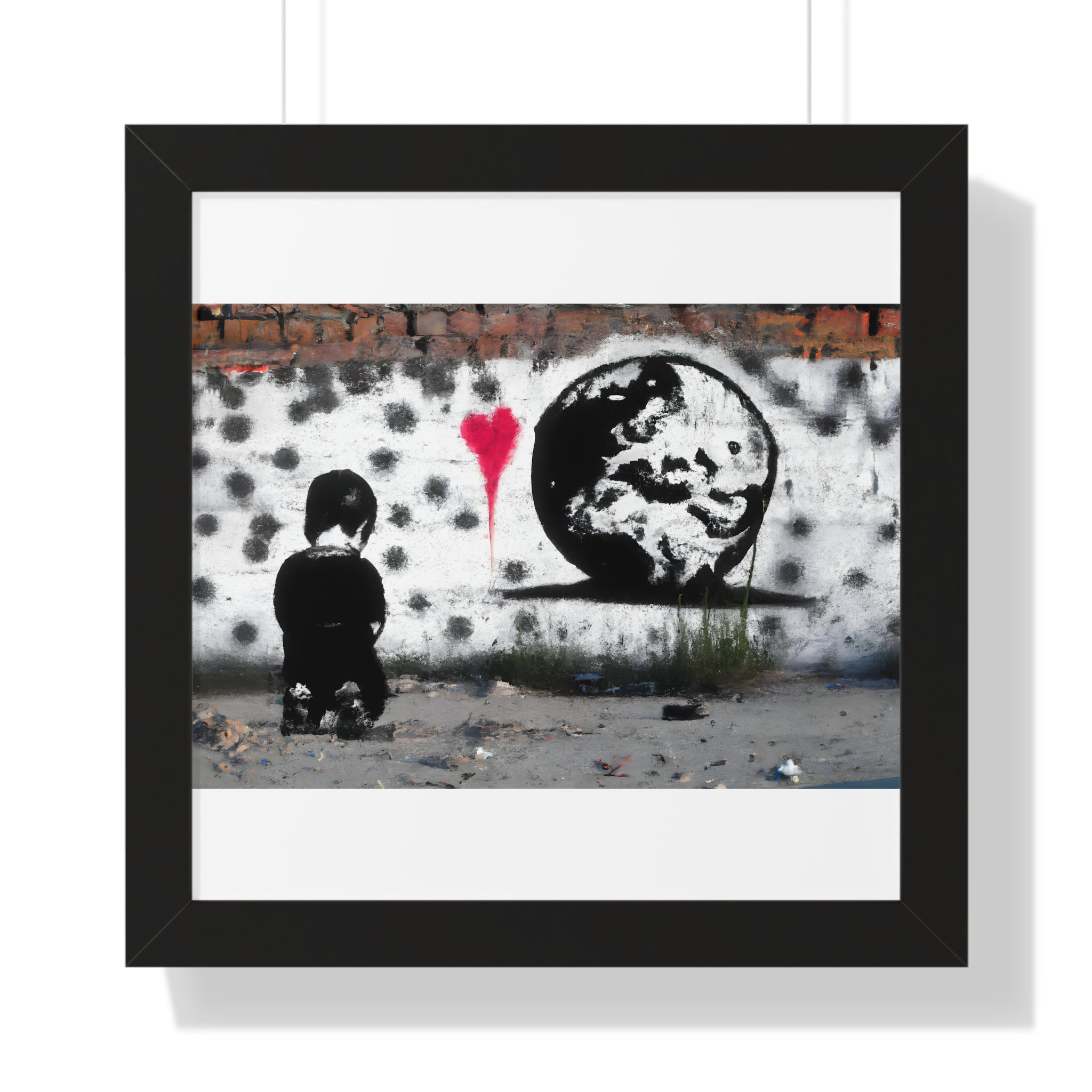 "BANKSY-STYLE GRAFFITI OF A SAD CHILD LOOKING AT DESTROYED EARTH" Framed Vertical Poster