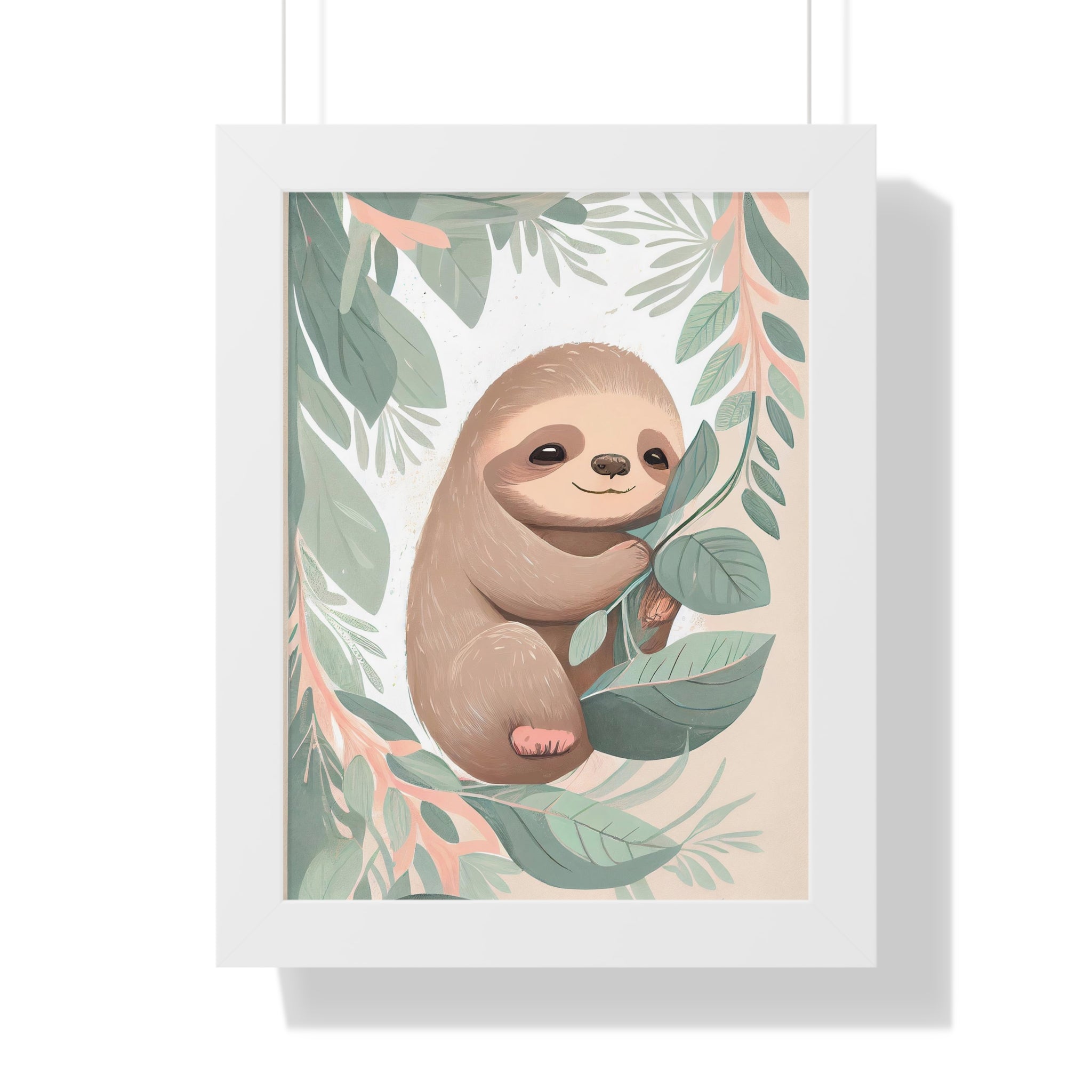 "ABSTRACT BABY SLOTH ON LEAF" Framed Vertical Poster