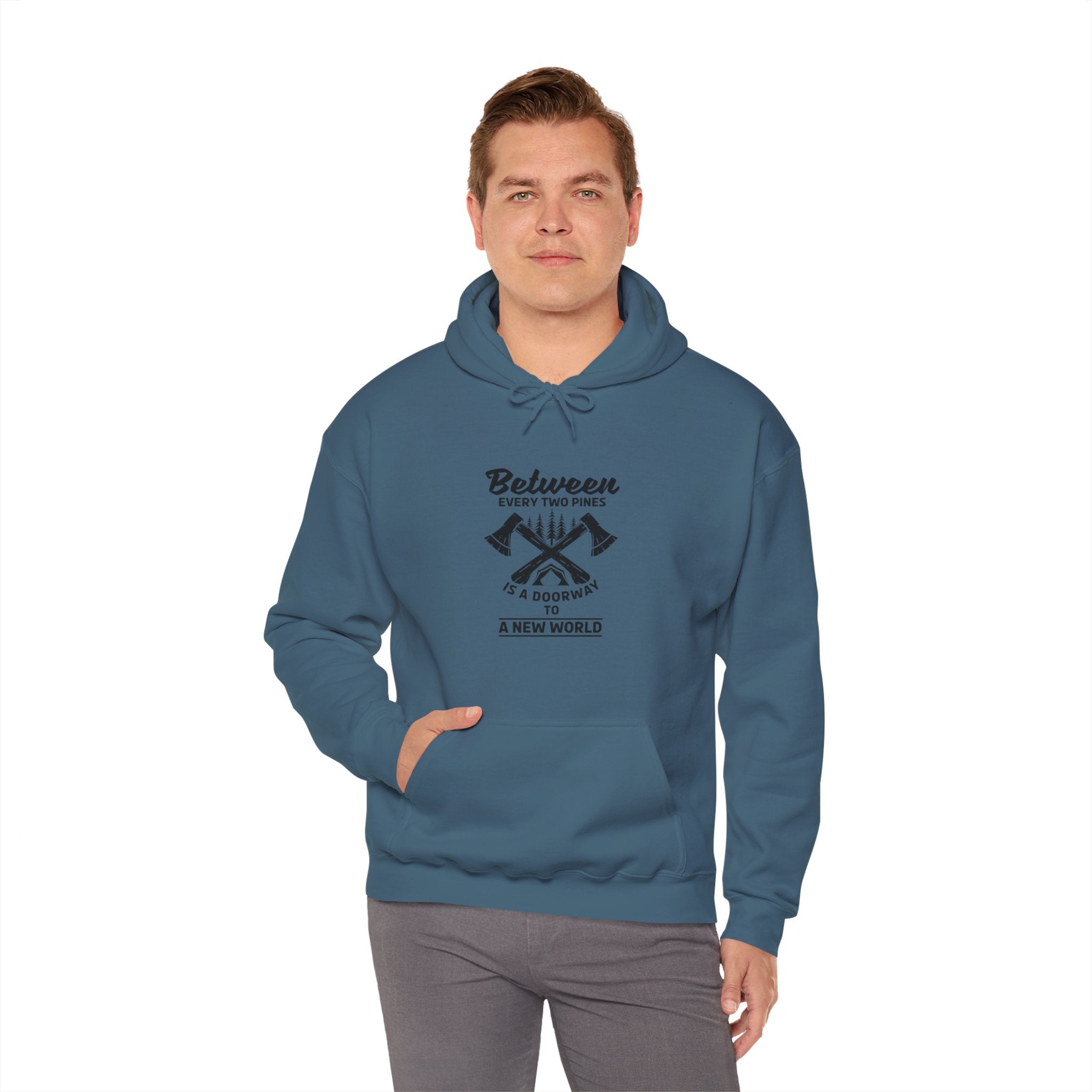 "Between Every Two Pines Is A Door To New World" Unisex Heavy Blend™ Hooded Sweatshirt