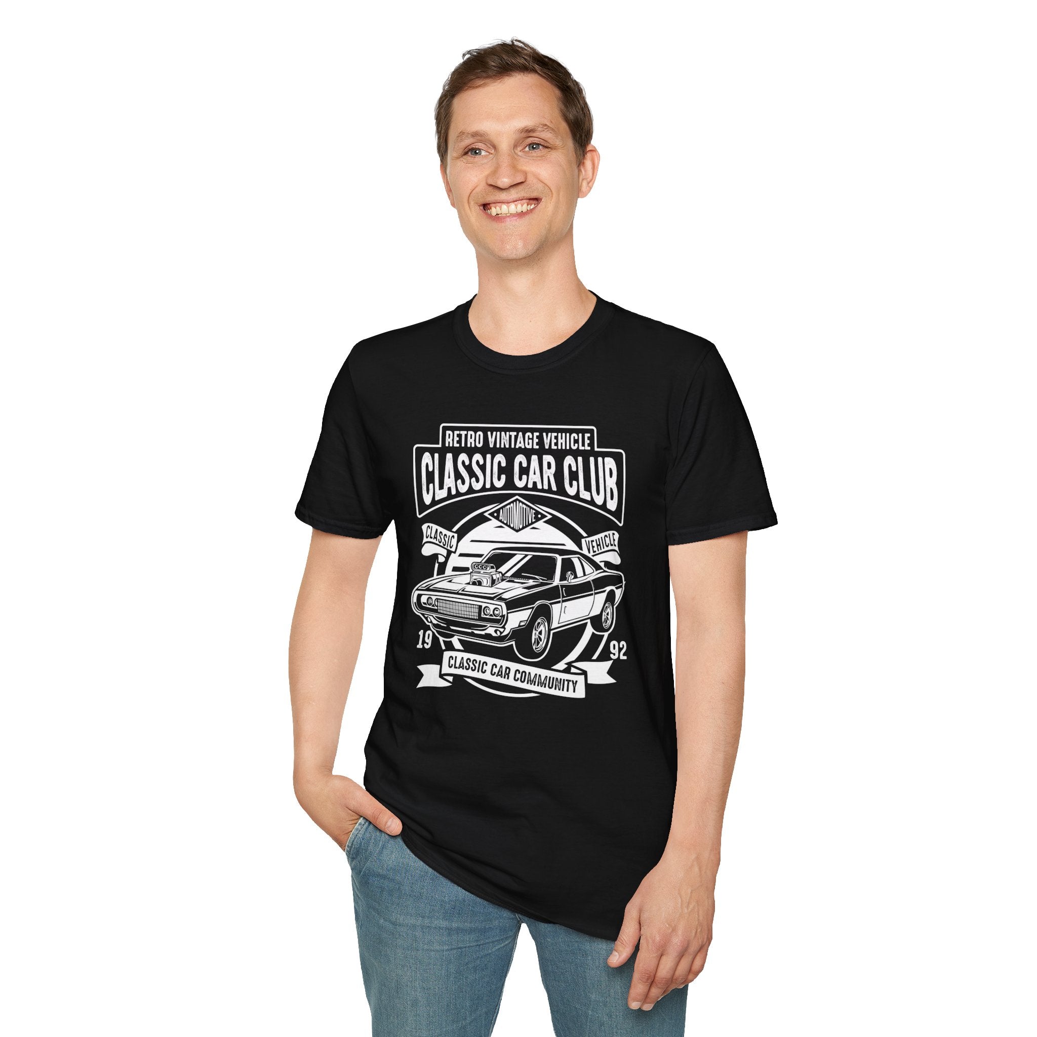 "RETRO VINTAGE VEHICLE CLASSIC CAR CLUB CLASSIC CAR COMMUNITY" Unisex Soft style T-Shirt