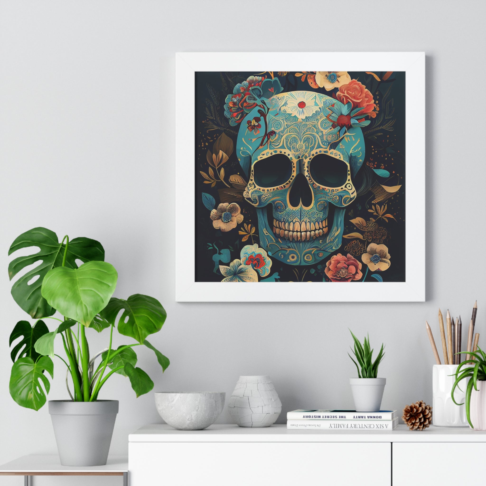 "BLUE CHINOISERIE SUGAR SKULL" Framed Vertical Poster