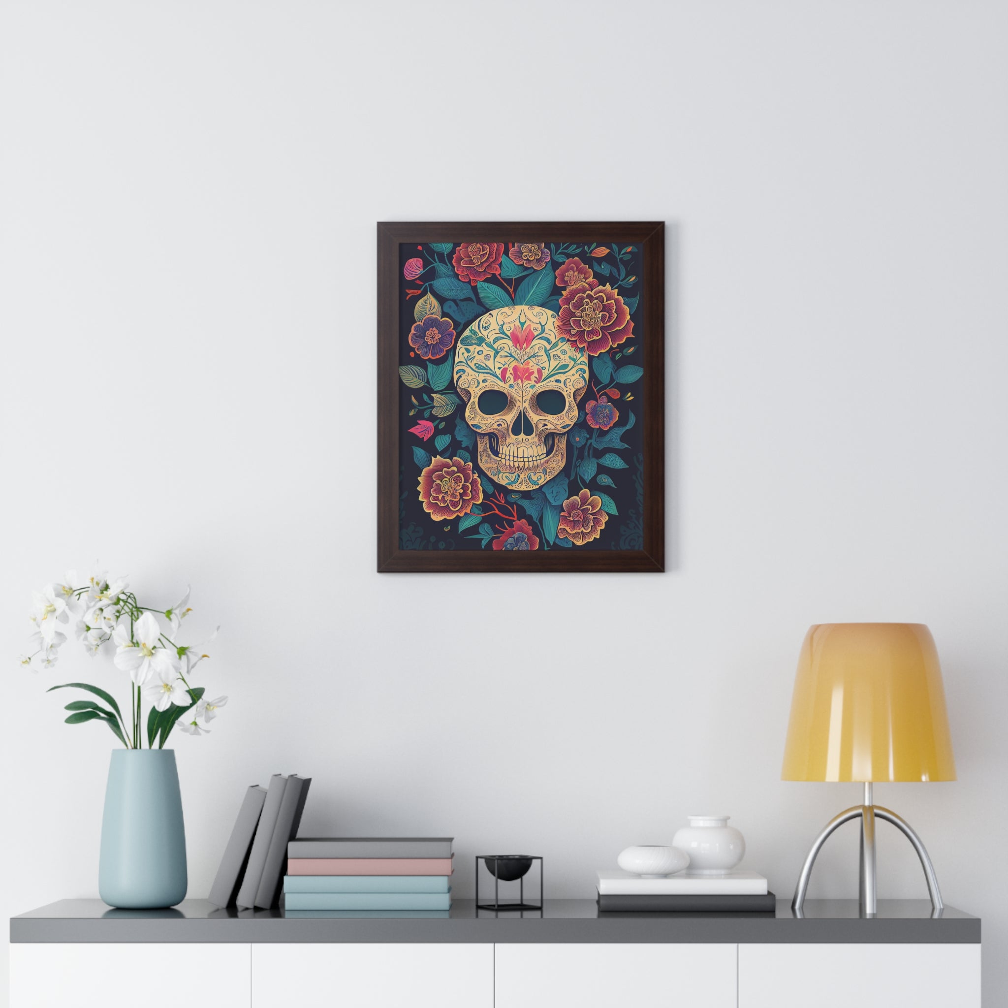 "BEIGE CHINOISERIE SUGAR SKULL" Framed Vertical Poster