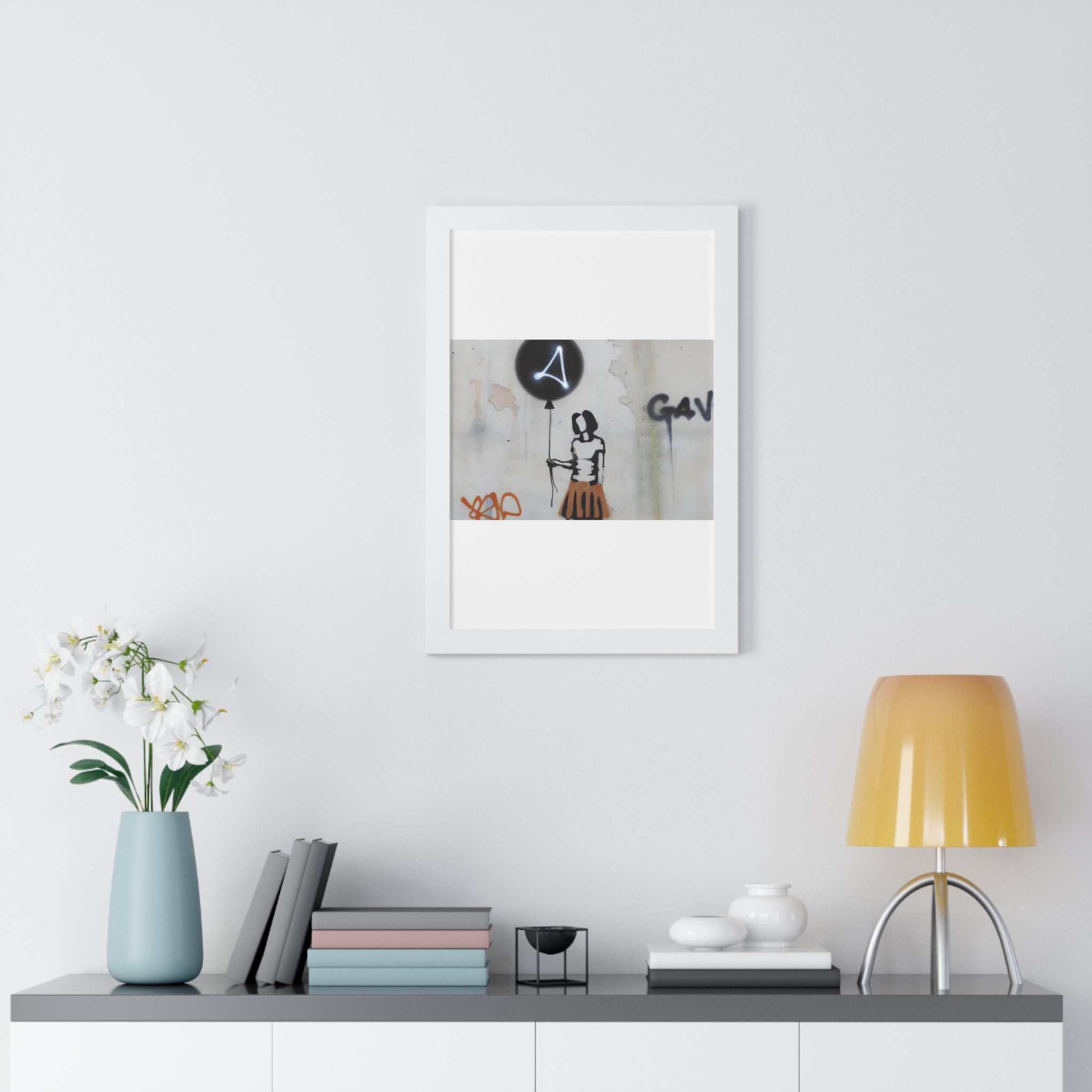 "BANKSY-STYLE GRAFFITI OF A WOMAN IN SKIRT HOLDING A BALLOON" Framed Vertical Poster