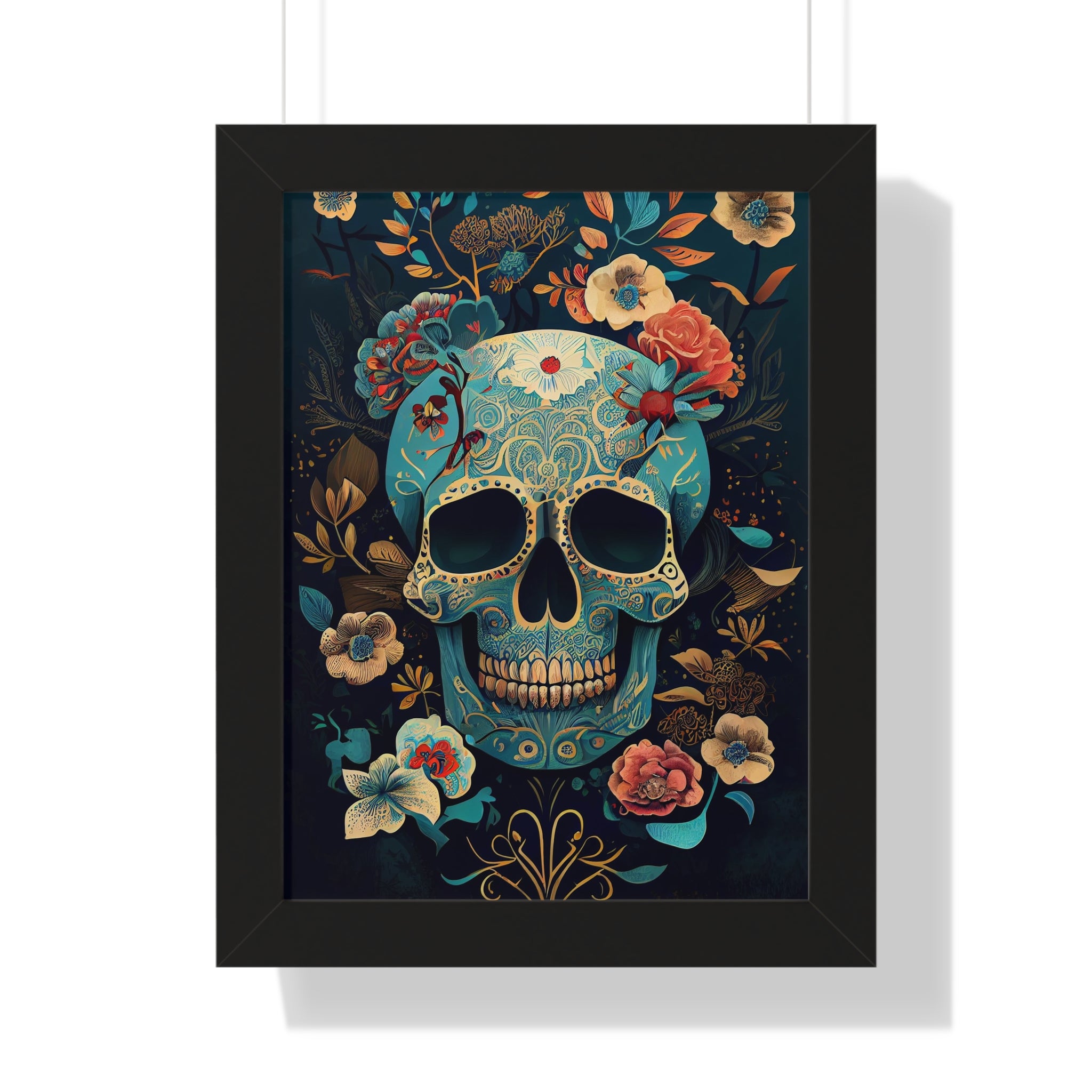 "BLUE CHINOISERIE SUGAR SKULL" Framed Vertical Poster