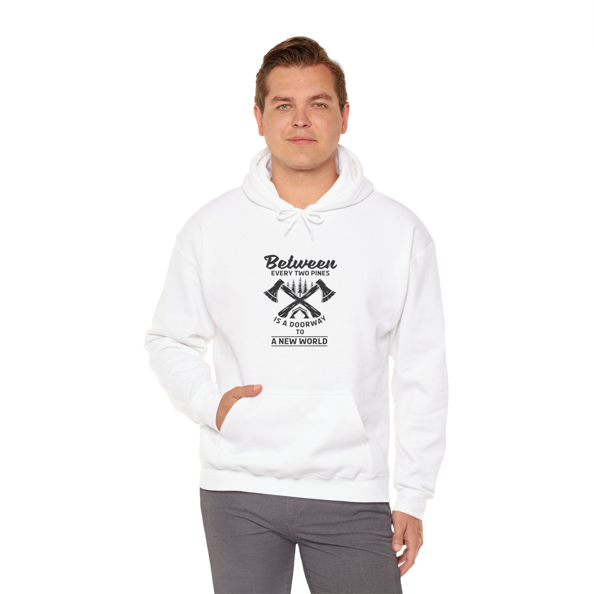 "Between Every Two Pines Is A Door To New World" Unisex Heavy Blend™ Hooded Sweatshirt