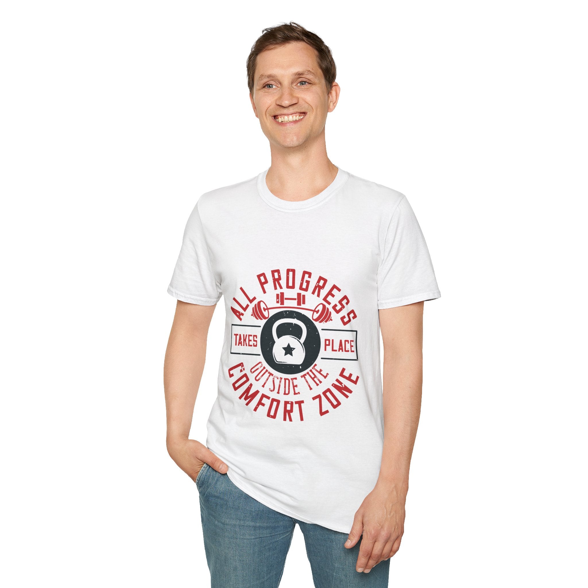 "All ProgressTakes Place Outside Of Comfort Zone" Unisex Soft style T-Shirt