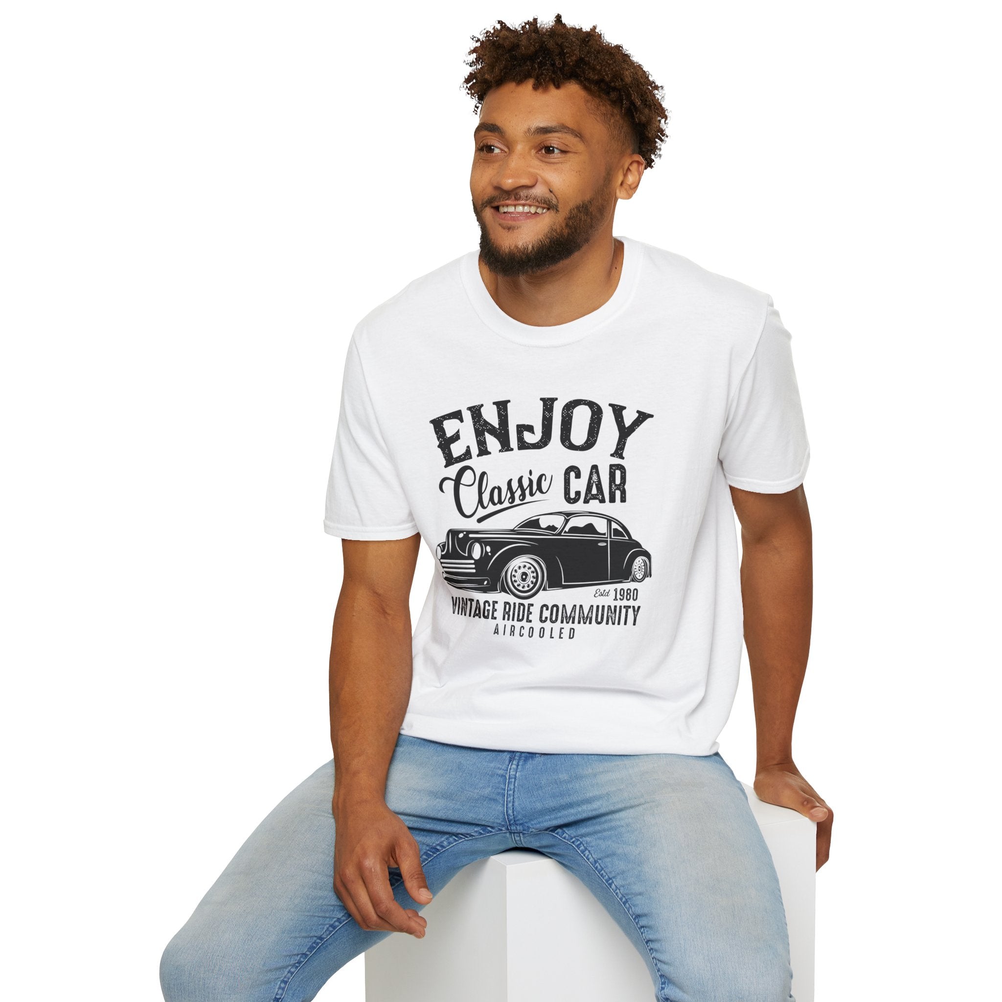 "ENJOY CLASSIC CAR VINTAGE RIDE COMMUNITY AIR-COOLED" Unisex Soft style T-Shirt