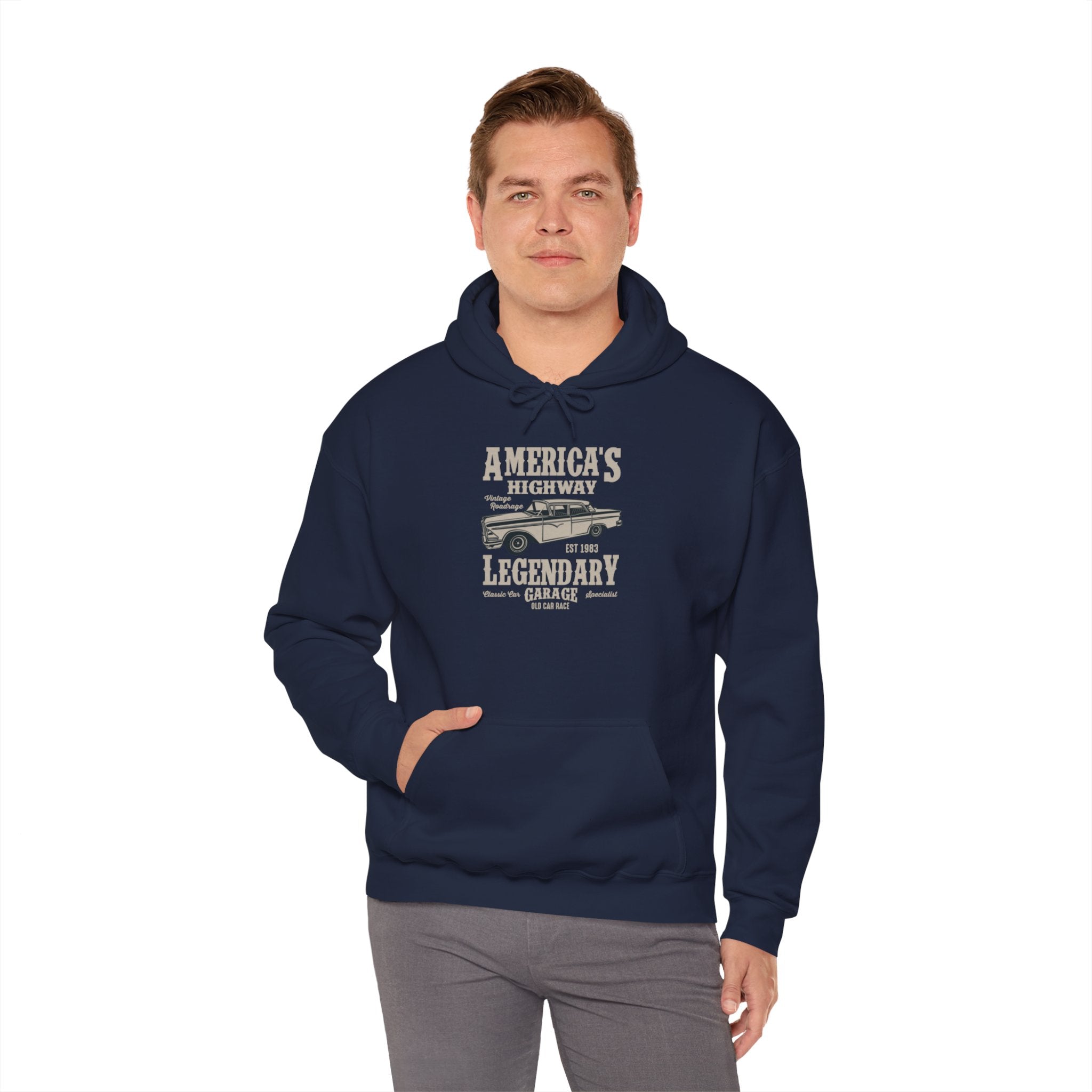 "AMERICA'S HIGHWAY LEGENDARY GARAGE" Unisex Heavy Blend™ Hooded Sweatshirt