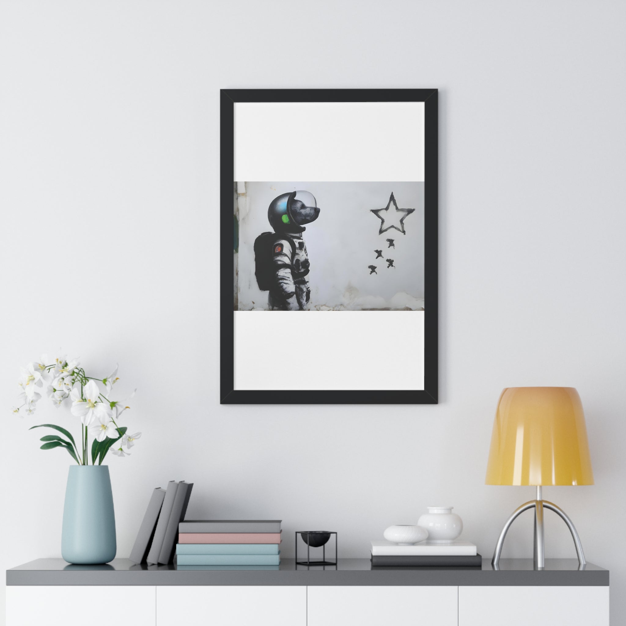 "BANKSY-STYLE ASTRONAUT DOG LOOKING TO THE STARS" Framed Vertical Poster