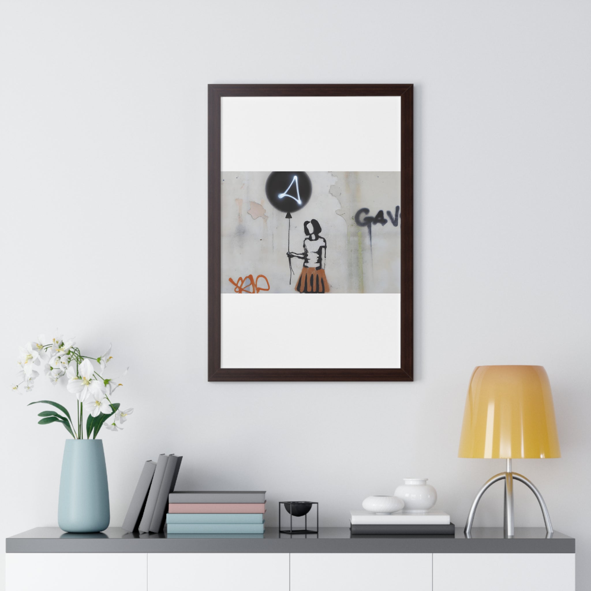 "BANKSY-STYLE GRAFFITI OF A WOMAN IN SKIRT HOLDING A BALLOON" Framed Vertical Poster