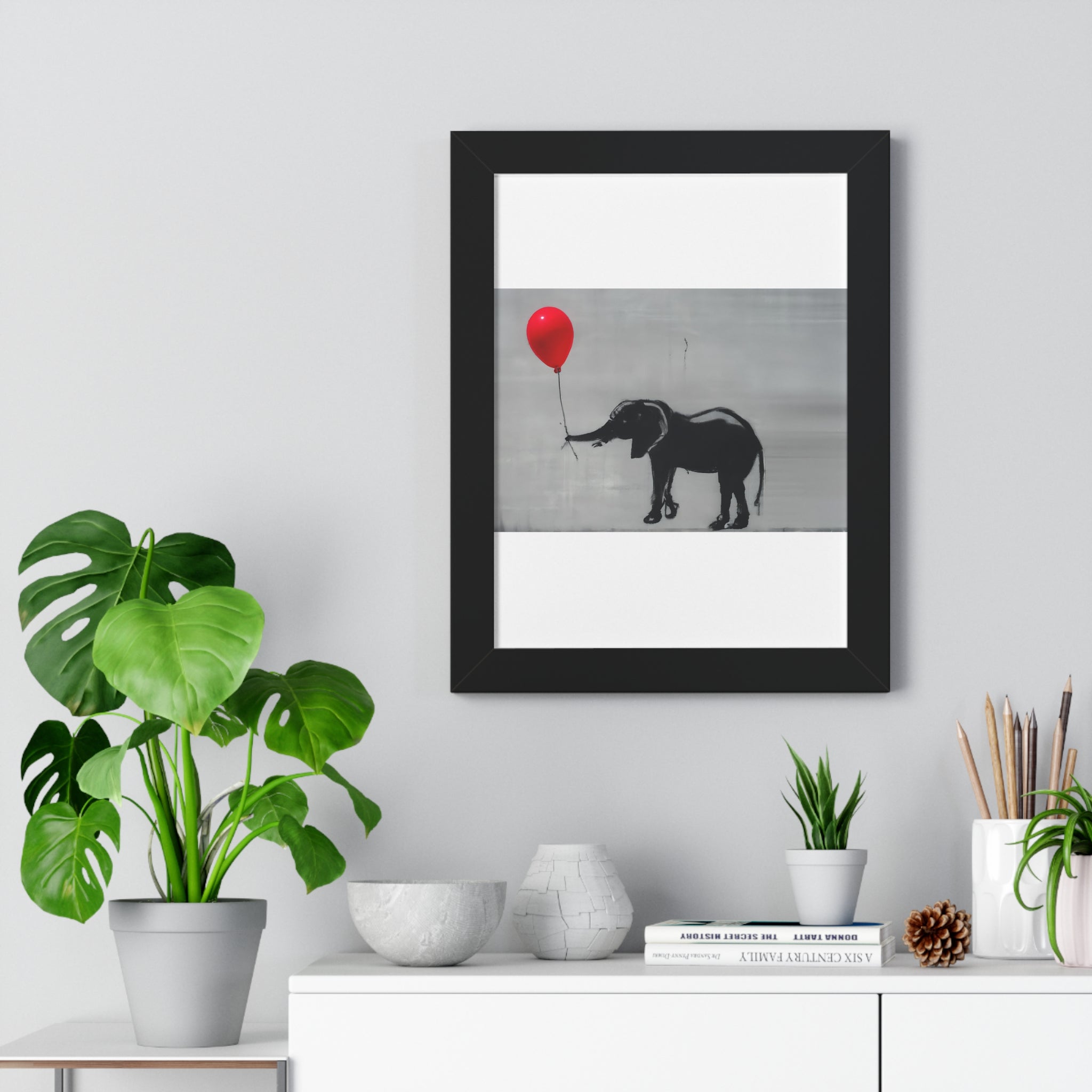 "BANKSY-STYLE ELEPHANT HOLDING A RED BALLOON" Framed Vertical Poster