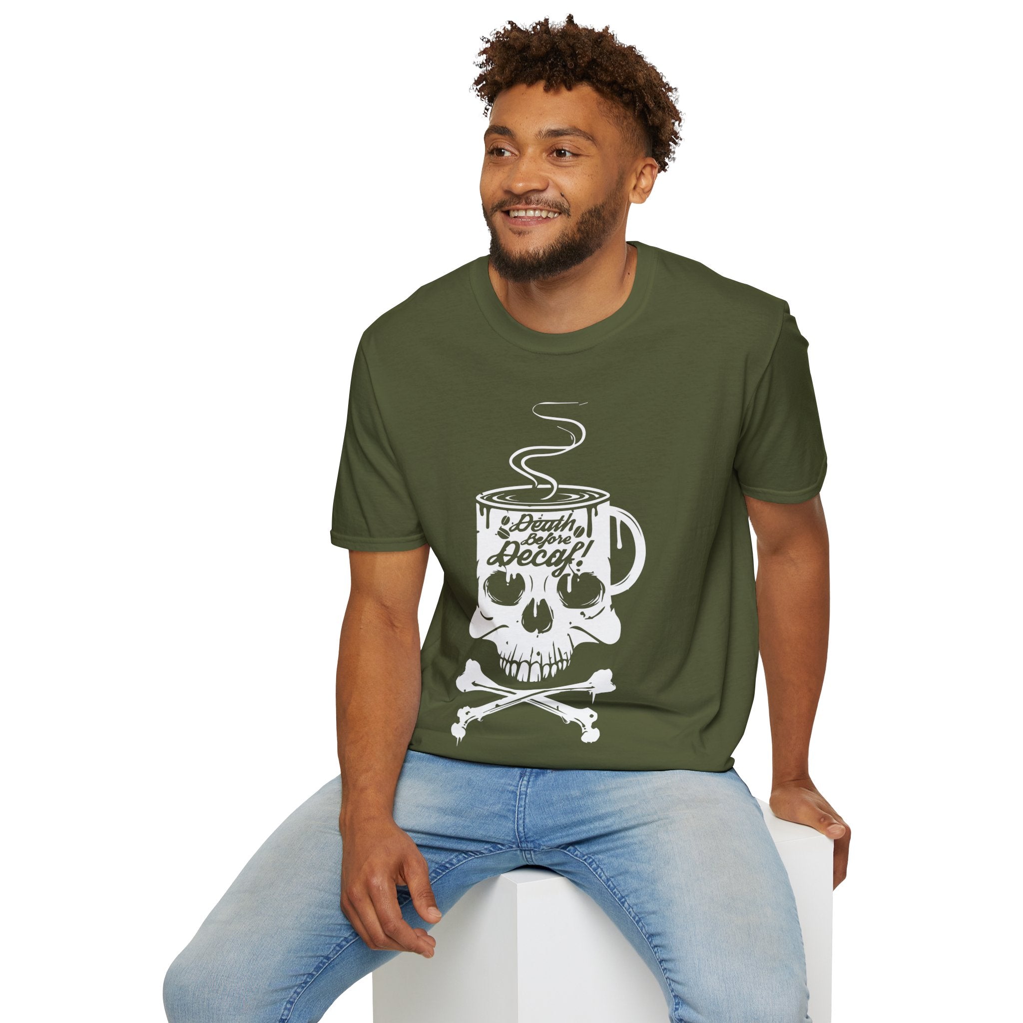 "DEATH BEFORE DECAF!" Unisex Soft style T-Shirt