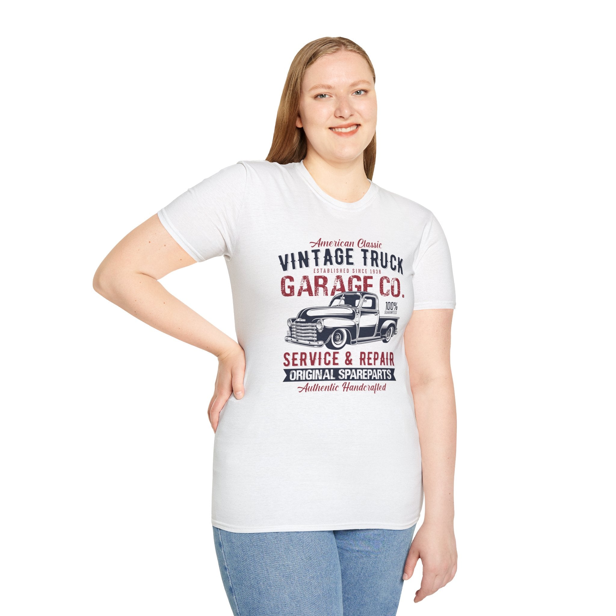 "AMERICAN CLASSIC VINTAGE TRUCK ESTABLISHED SINCE 1938 GARAGE CO. SERVICE & REPAIR ORIGINAL SPARE PARTS AUTHENTIC HANDCRAFTED" Unisex Soft style T-Shirt