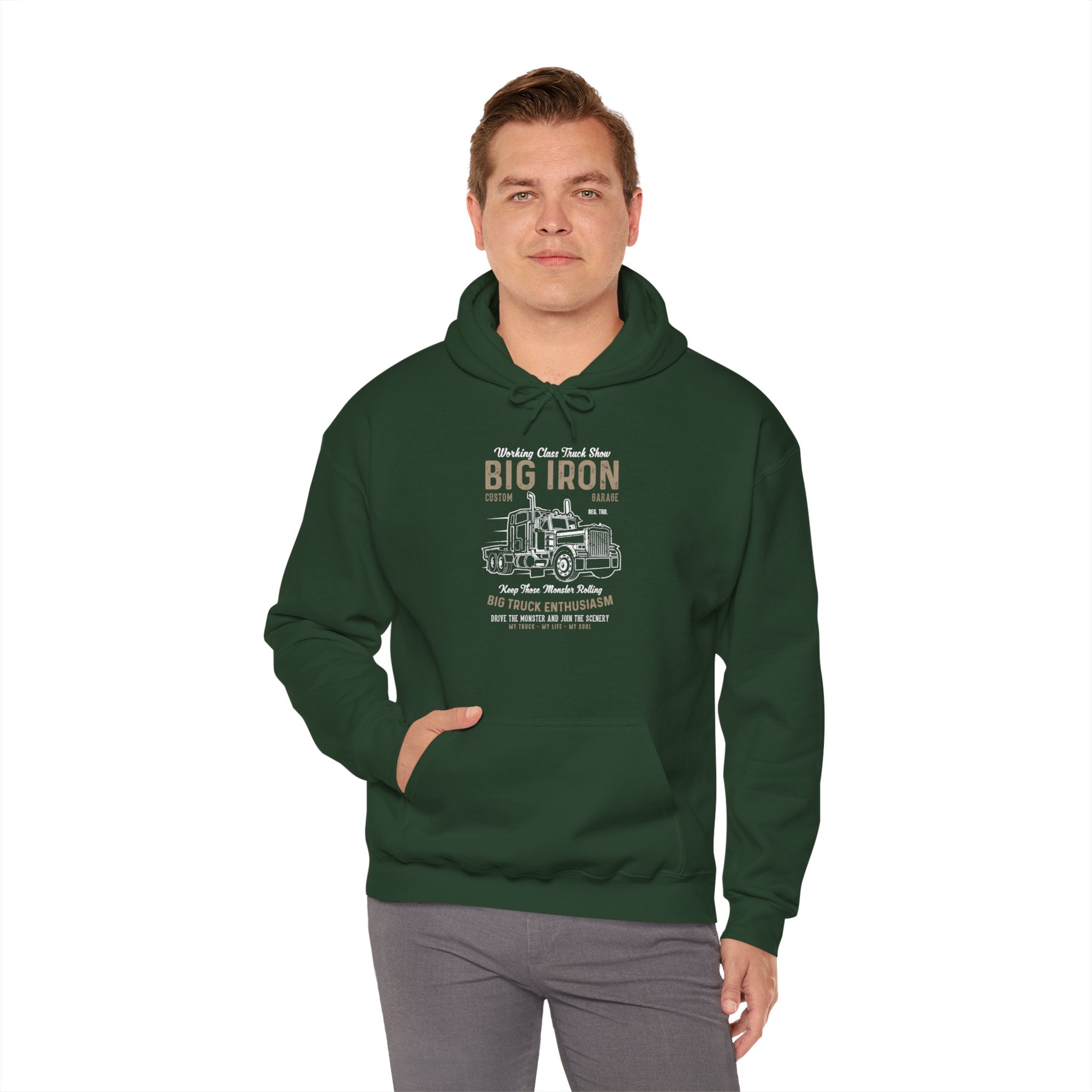 "BIG IRON CUSTOM GARAGE BIG TRUCK ENTHUSIASM" Unisex Heavy Blend™ Hooded Sweatshirt