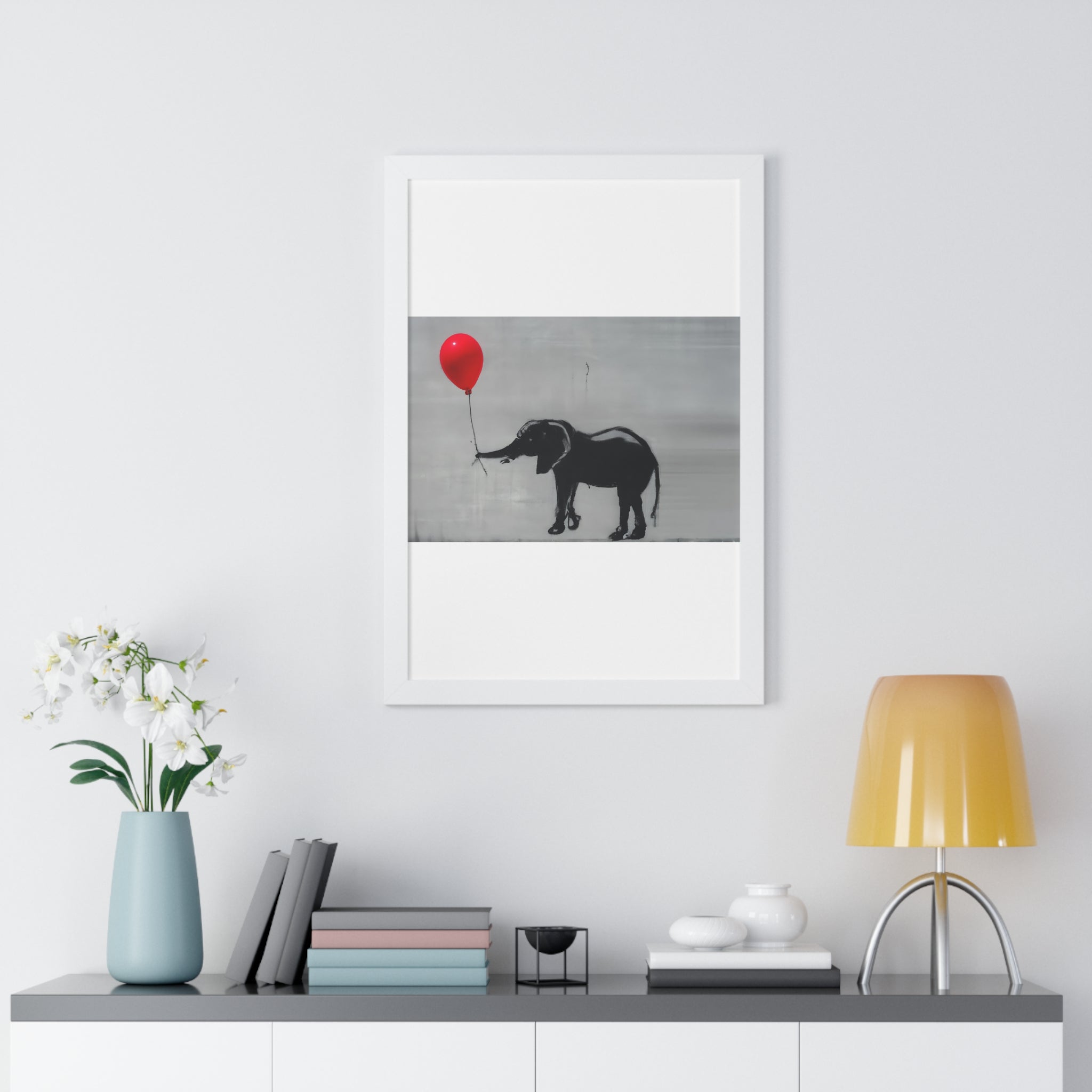 "BANKSY-STYLE ELEPHANT HOLDING A RED BALLOON" Framed Vertical Poster