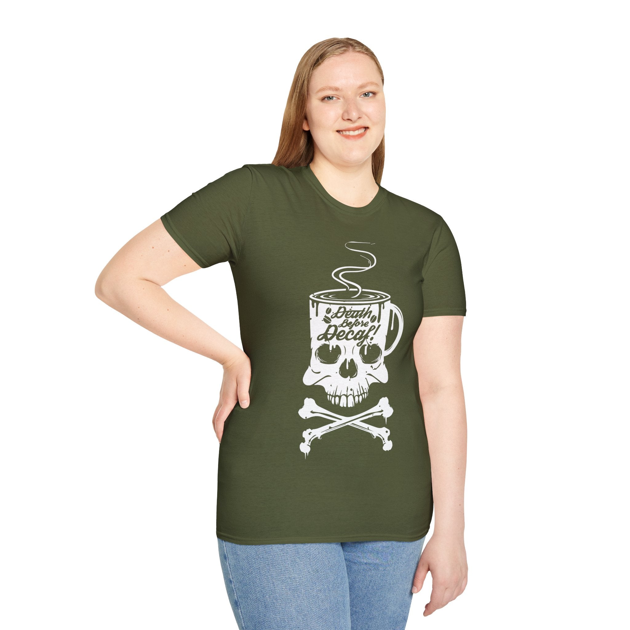 "DEATH BEFORE DECAF!" Unisex Soft style T-Shirt