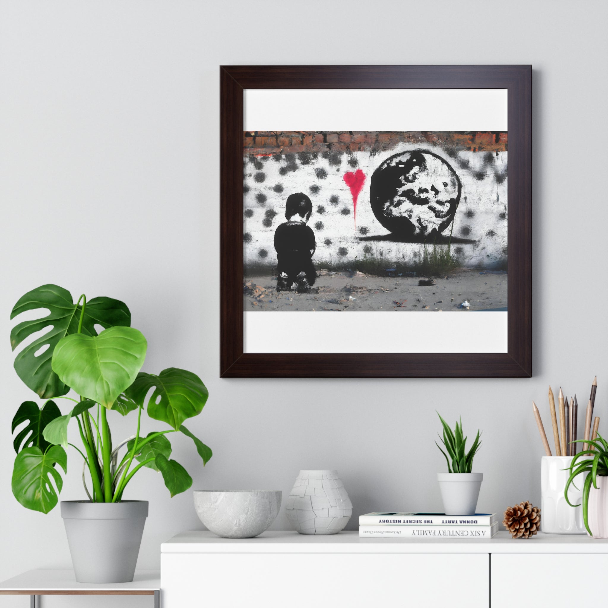 "BANKSY-STYLE GRAFFITI OF A SAD CHILD LOOKING AT DESTROYED EARTH" Framed Vertical Poster