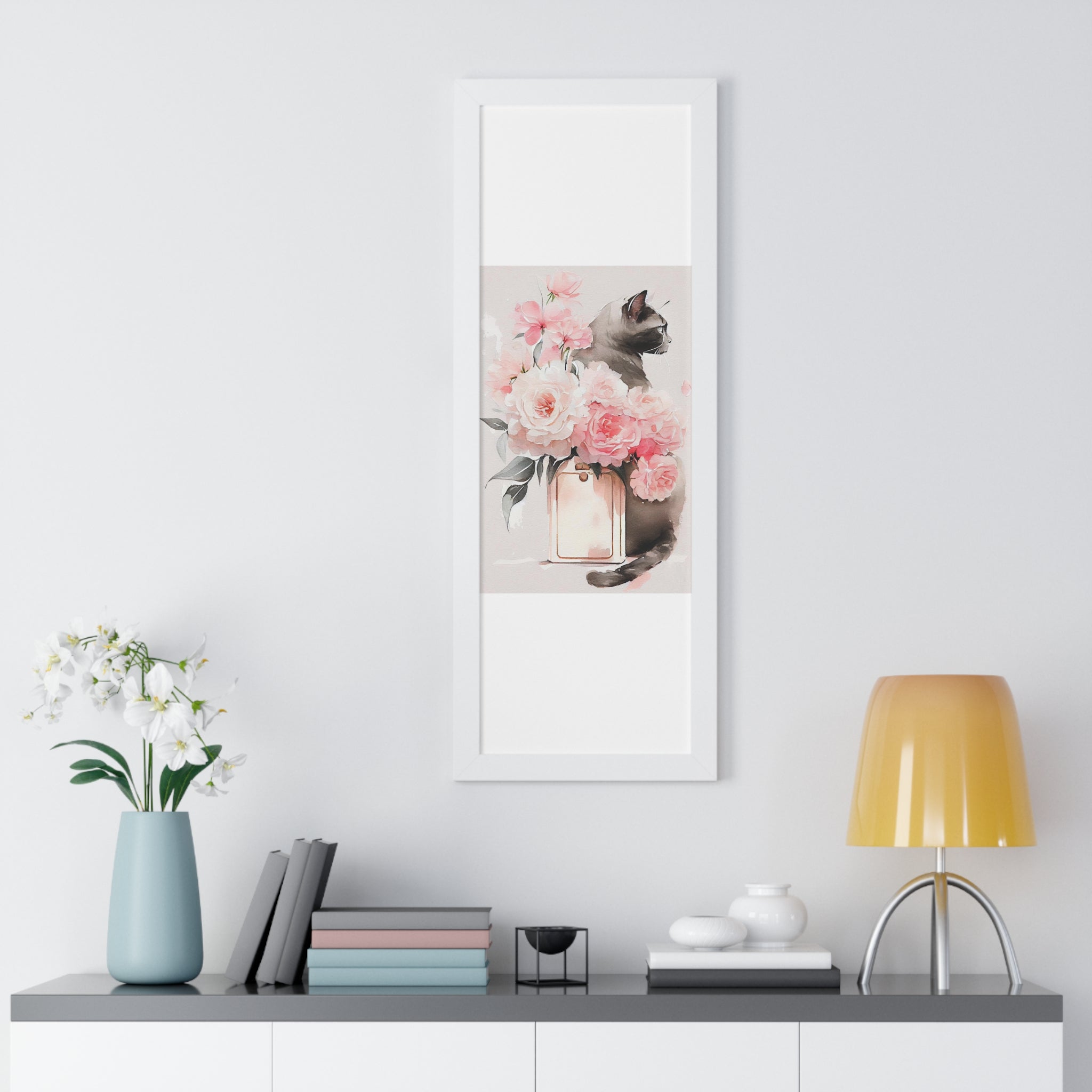 "BLACK CAT PERFUME PEONIES" Framed Vertical Poster