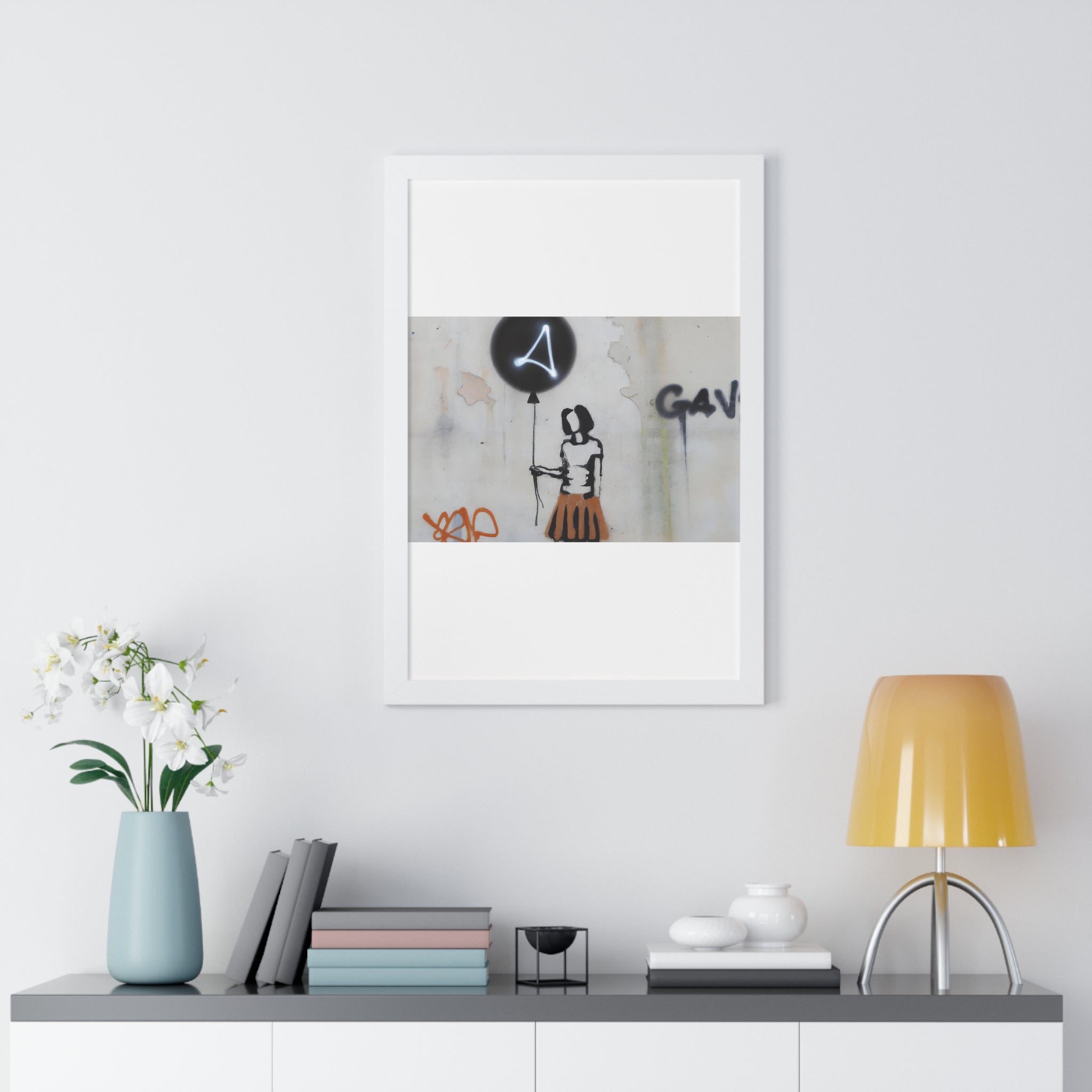 "BANKSY-STYLE GRAFFITI OF A WOMAN IN SKIRT HOLDING A BALLOON" Framed Vertical Poster