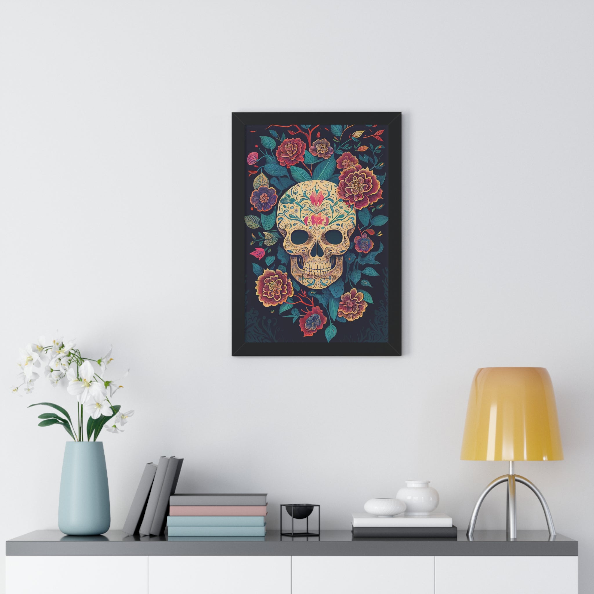 "BEIGE CHINOISERIE SUGAR SKULL" Framed Vertical Poster