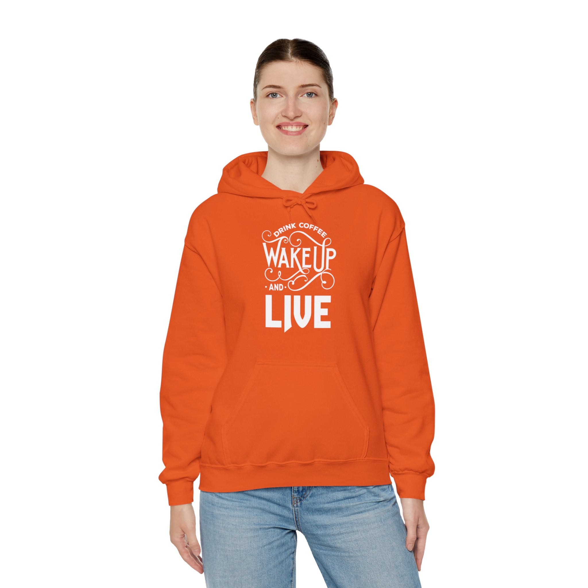 "DRINK COFFEE WAKE UP AND LIVE" Unisex Heavy Blend™ Hooded Sweatshirt