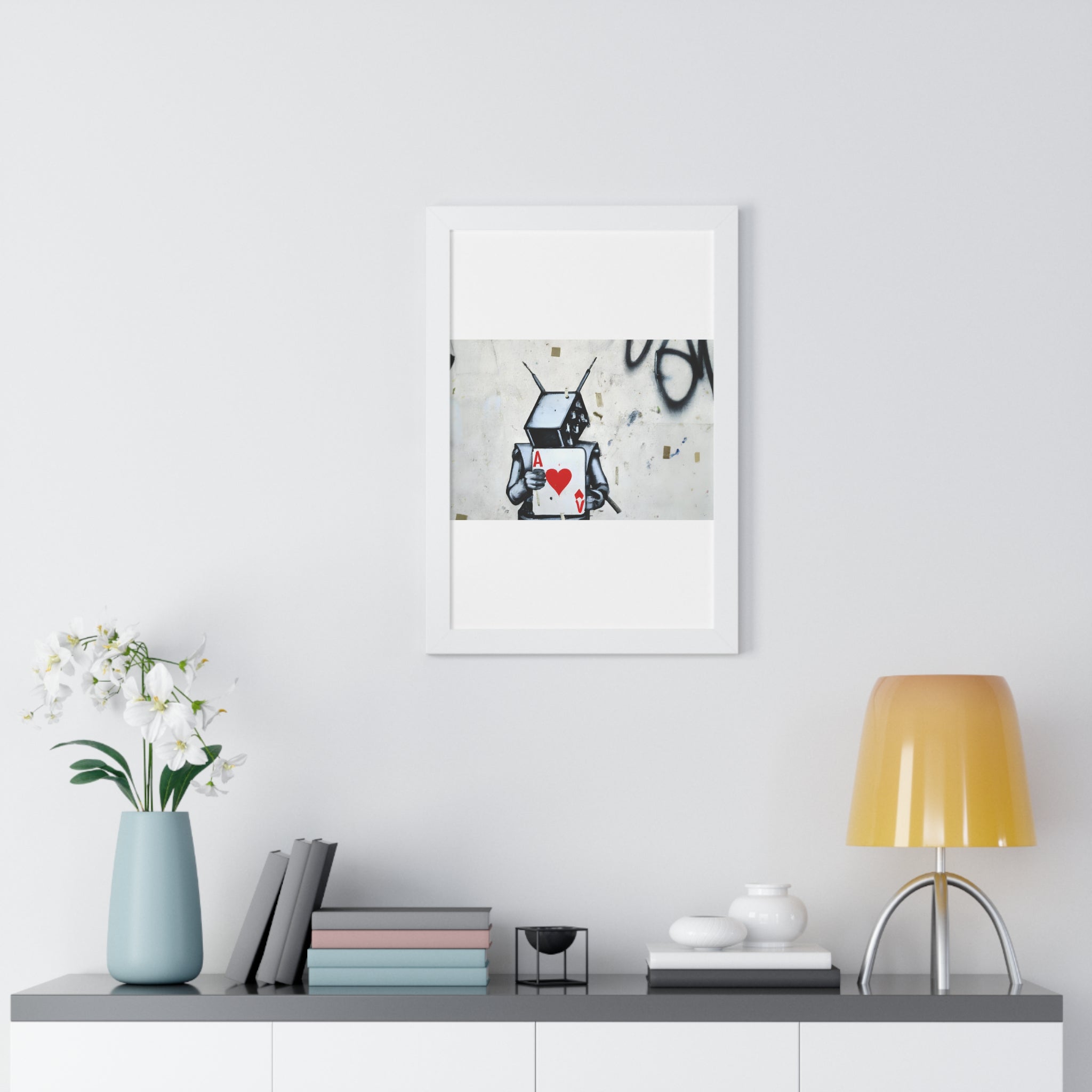 "BANKSY-STYLE GRAFFITI OF A ROBOT PLAYING CARDS" Framed Vertical Poster