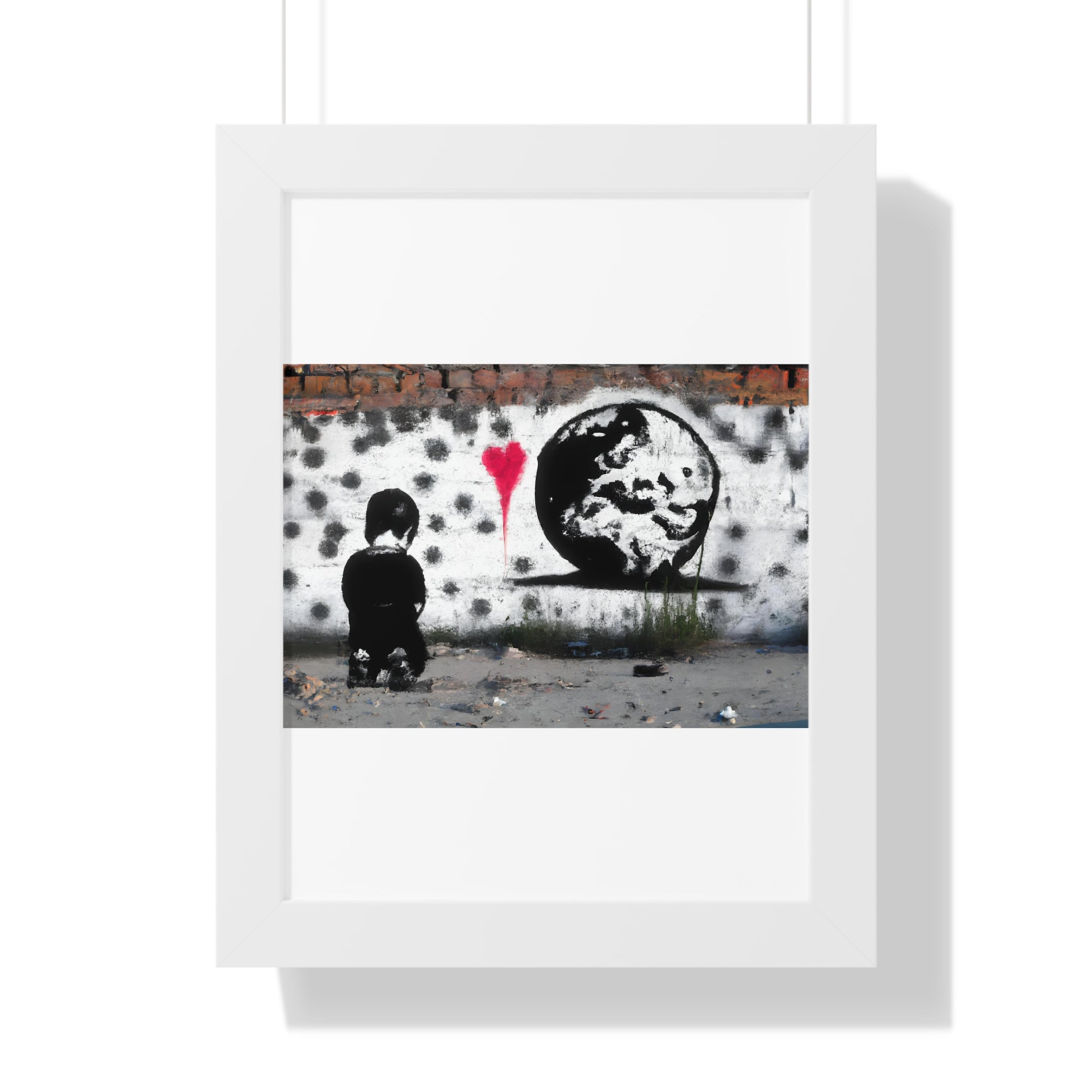 "BANKSY-STYLE GRAFFITI OF A SAD CHILD LOOKING AT DESTROYED EARTH" Framed Vertical Poster