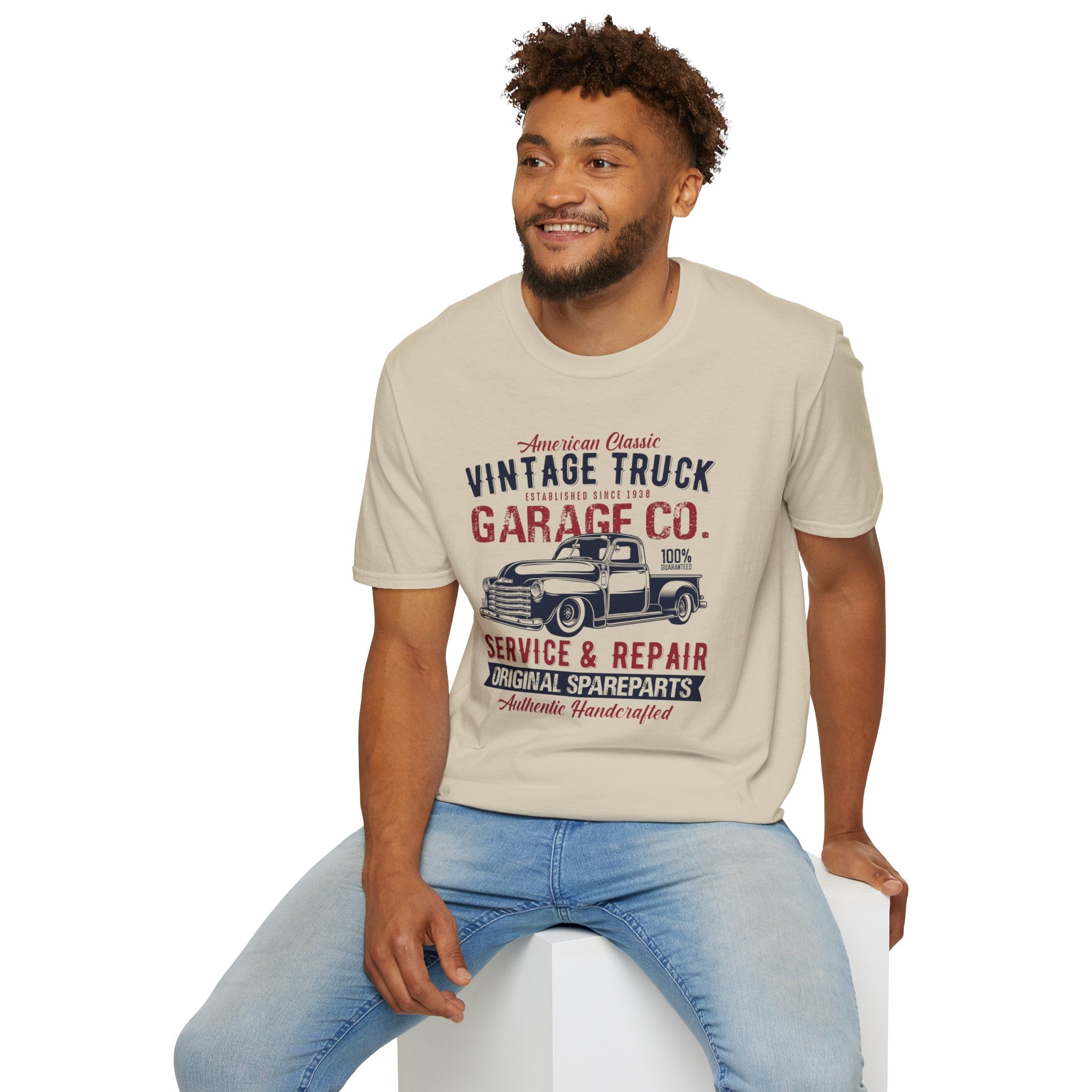 "AMERICAN CLASSIC VINTAGE TRUCK ESTABLISHED SINCE 1938 GARAGE CO. SERVICE & REPAIR ORIGINAL SPARE PARTS AUTHENTIC HANDCRAFTED" Unisex Soft style T-Shirt