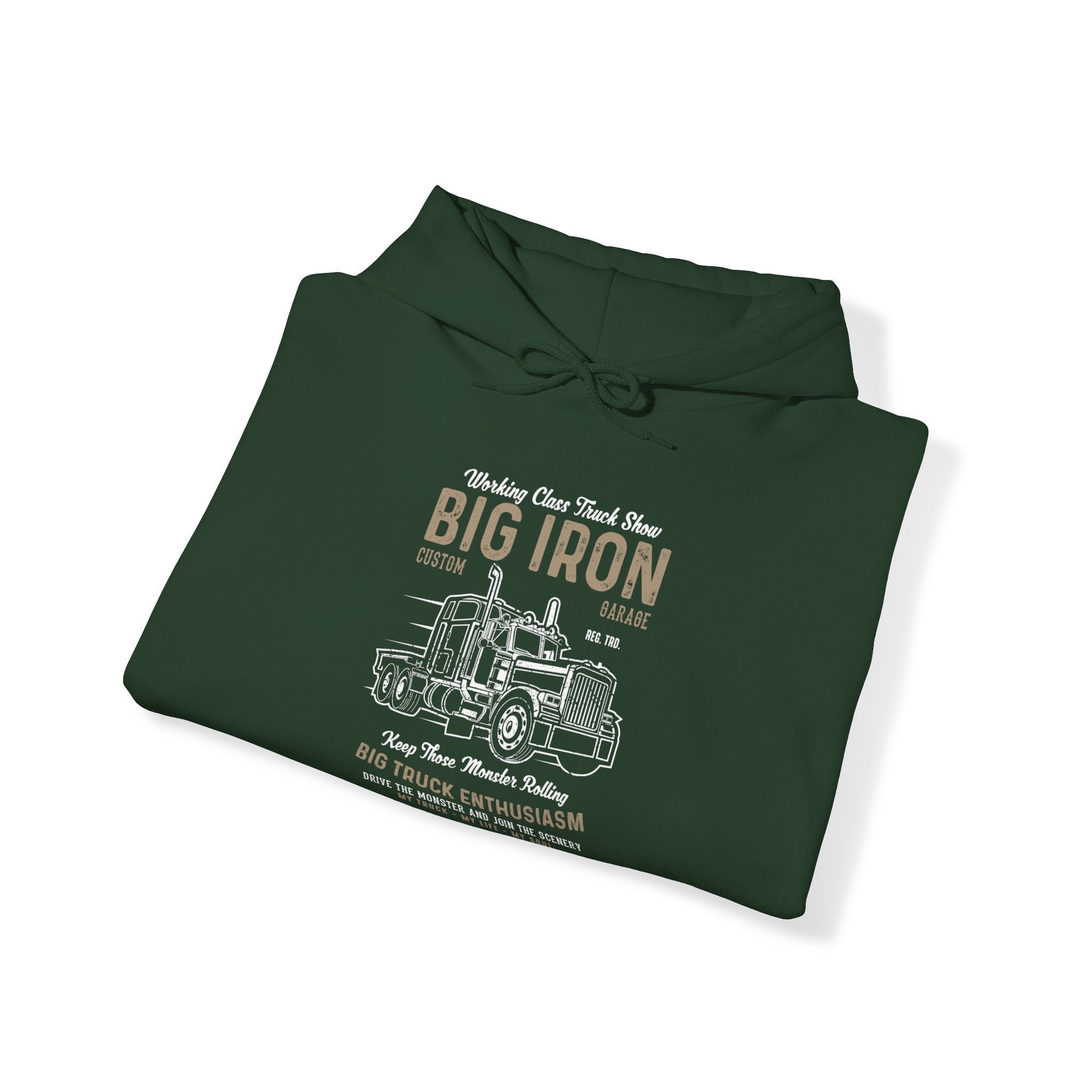 "BIG IRON CUSTOM GARAGE BIG TRUCK ENTHUSIASM" Unisex Heavy Blend™ Hooded Sweatshirt