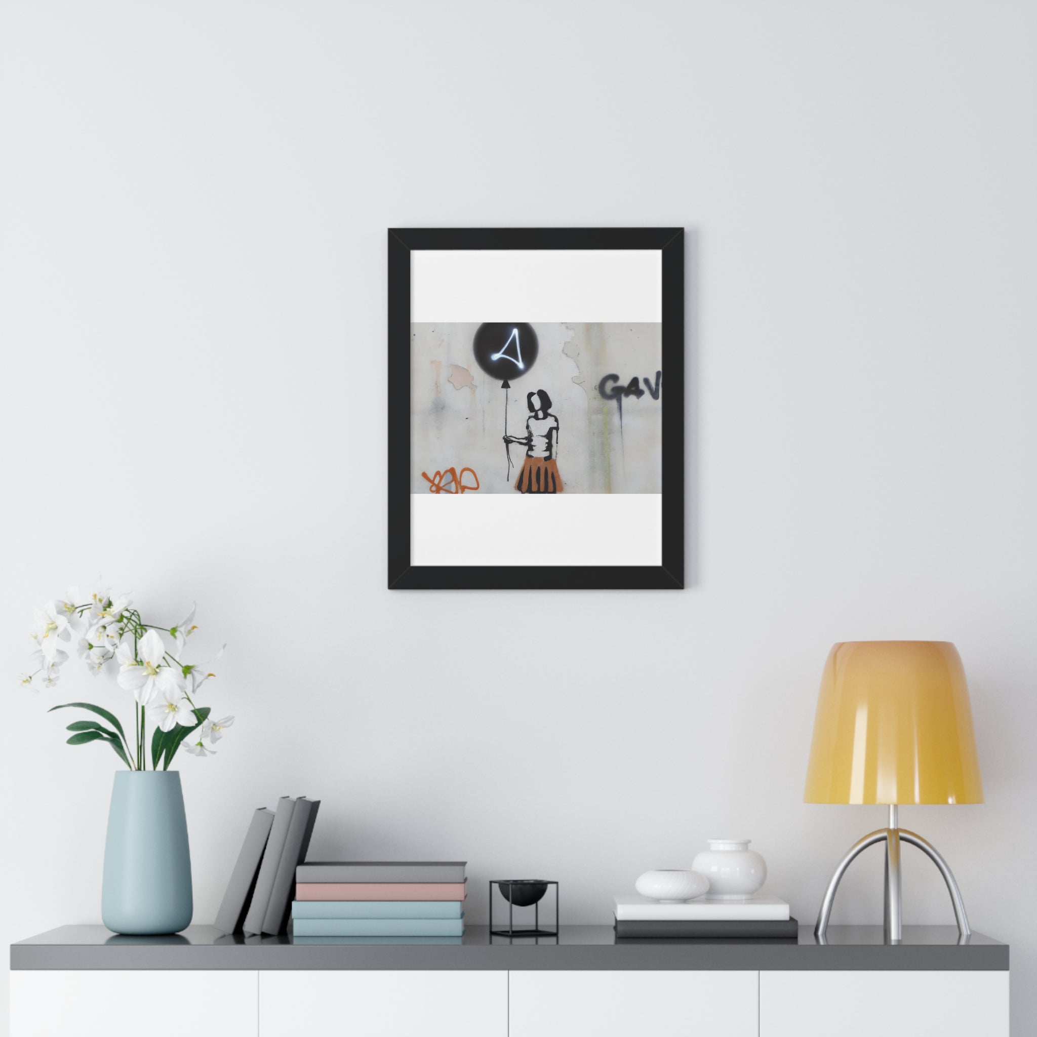 "BANKSY-STYLE GRAFFITI OF A WOMAN IN SKIRT HOLDING A BALLOON" Framed Vertical Poster