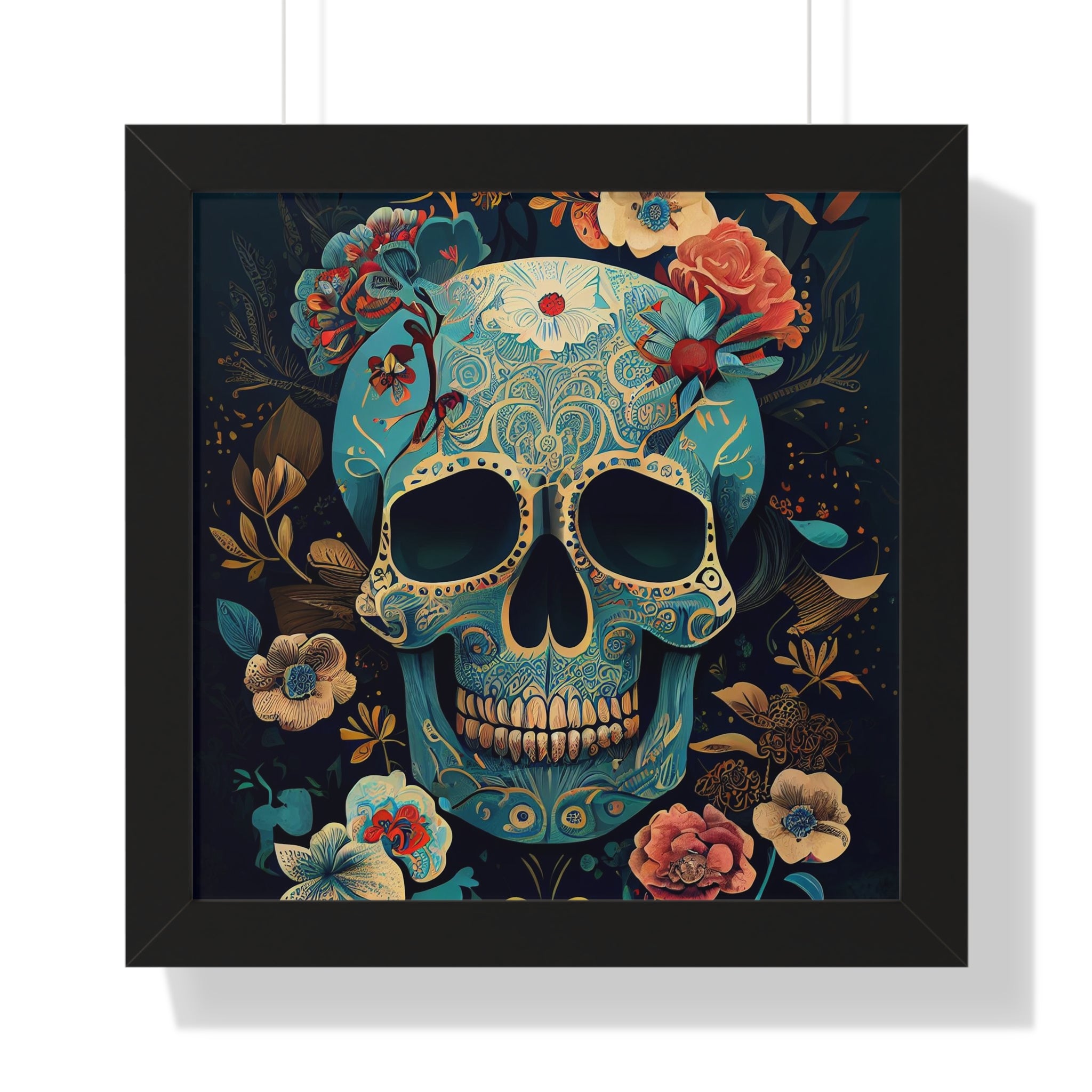 "BLUE CHINOISERIE SUGAR SKULL" Framed Vertical Poster