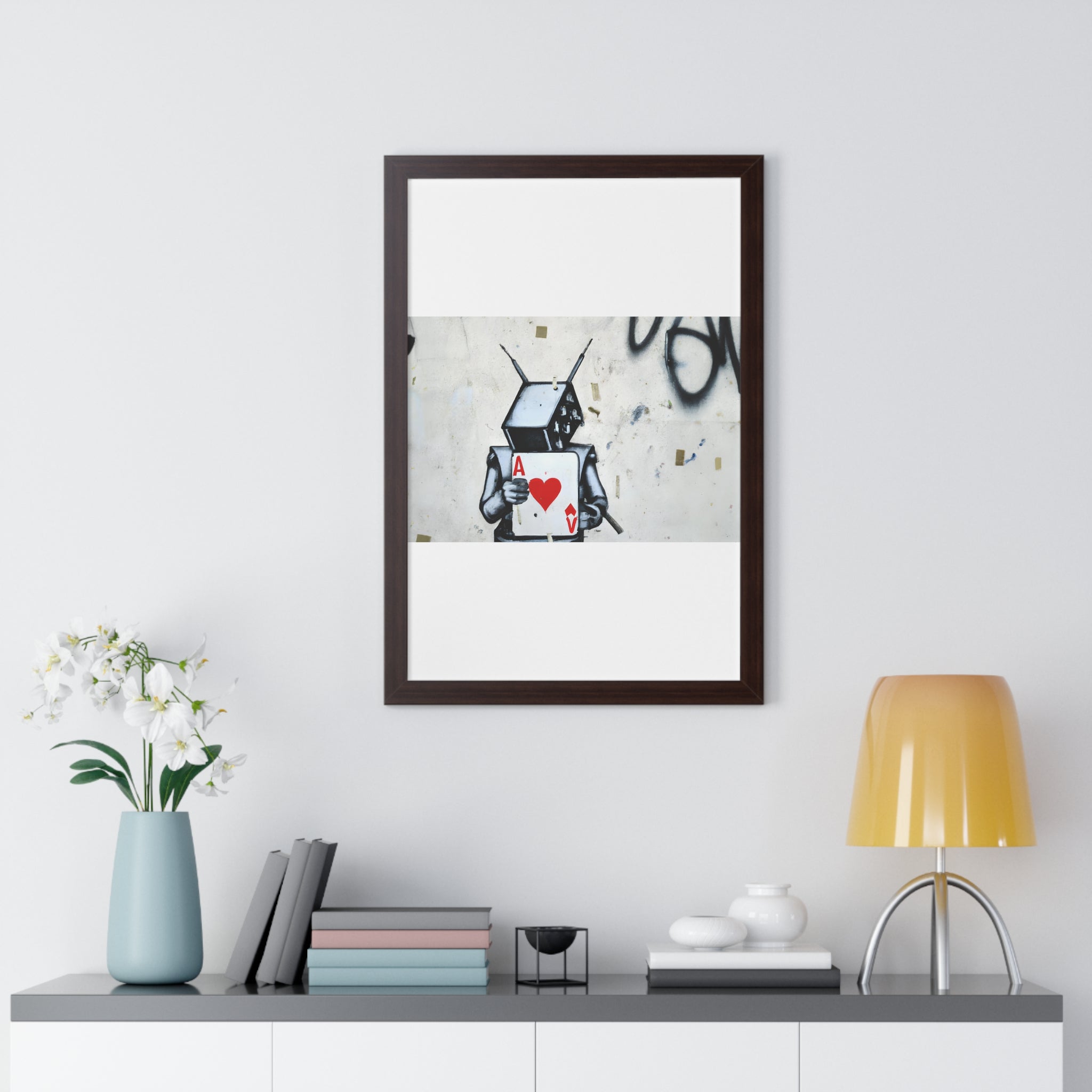 "BANKSY-STYLE GRAFFITI OF A ROBOT PLAYING CARDS" Framed Vertical Poster