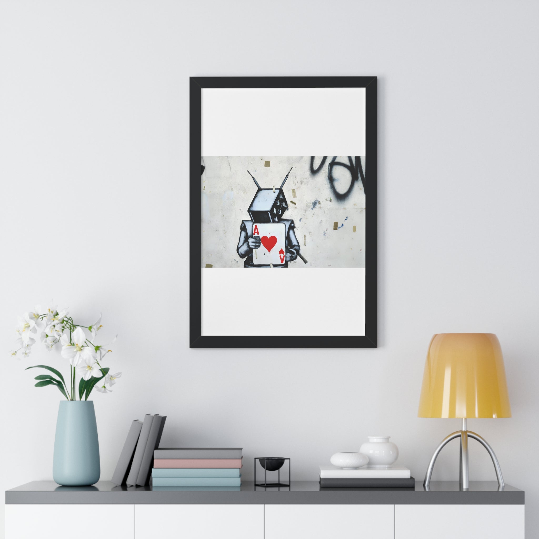 "BANKSY-STYLE GRAFFITI OF A ROBOT PLAYING CARDS" Framed Vertical Poster