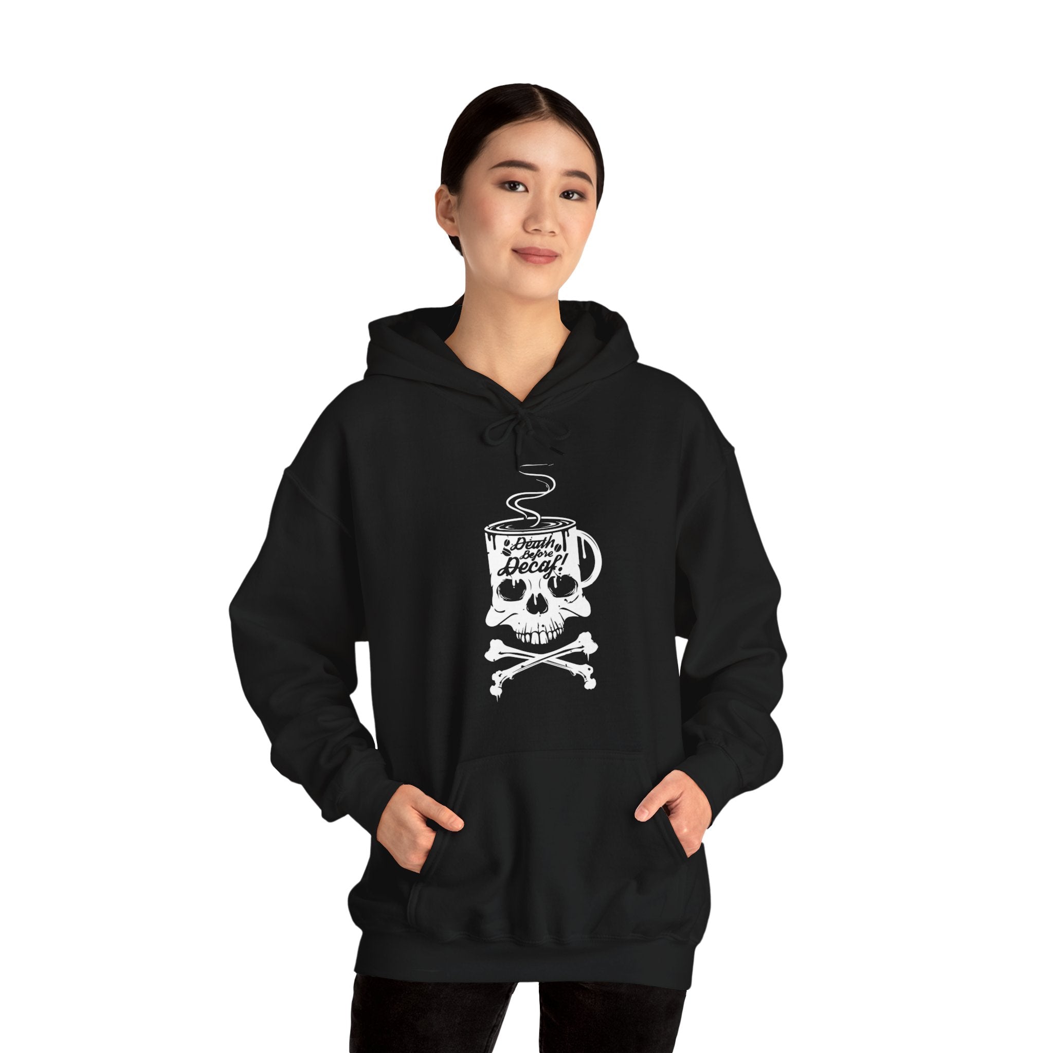 "DEATH BEFORE DECAF!" Unisex Heavy Blend™ Hooded Sweatshirt