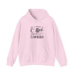 "ALL I NEED IS COFFEE AND MY CAMERA" Unisex Heavy Blend™ Hooded Sweatshirt