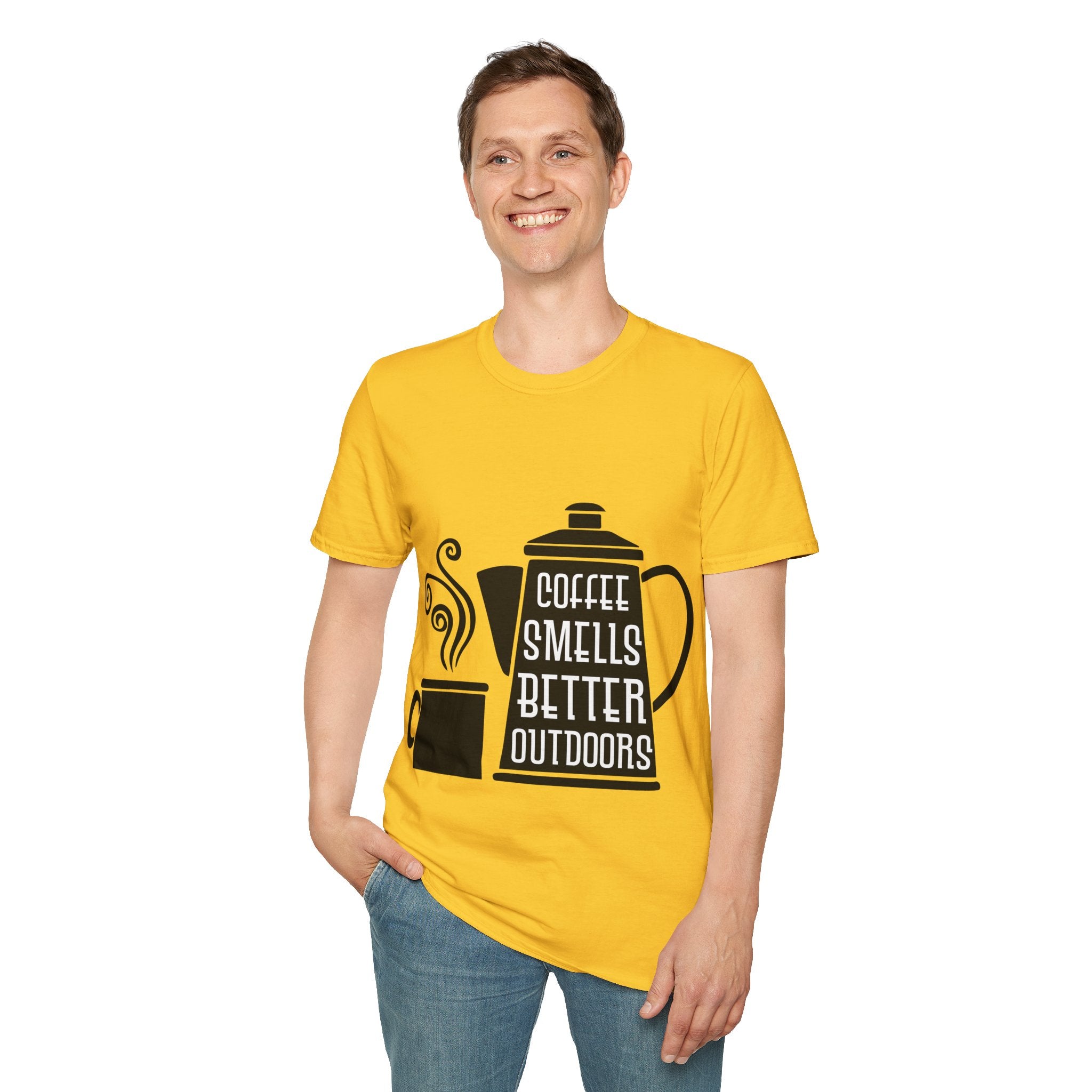 "COFFEE SMELLS BETTER OUTDOORS" Unisex Soft style T-Shirt