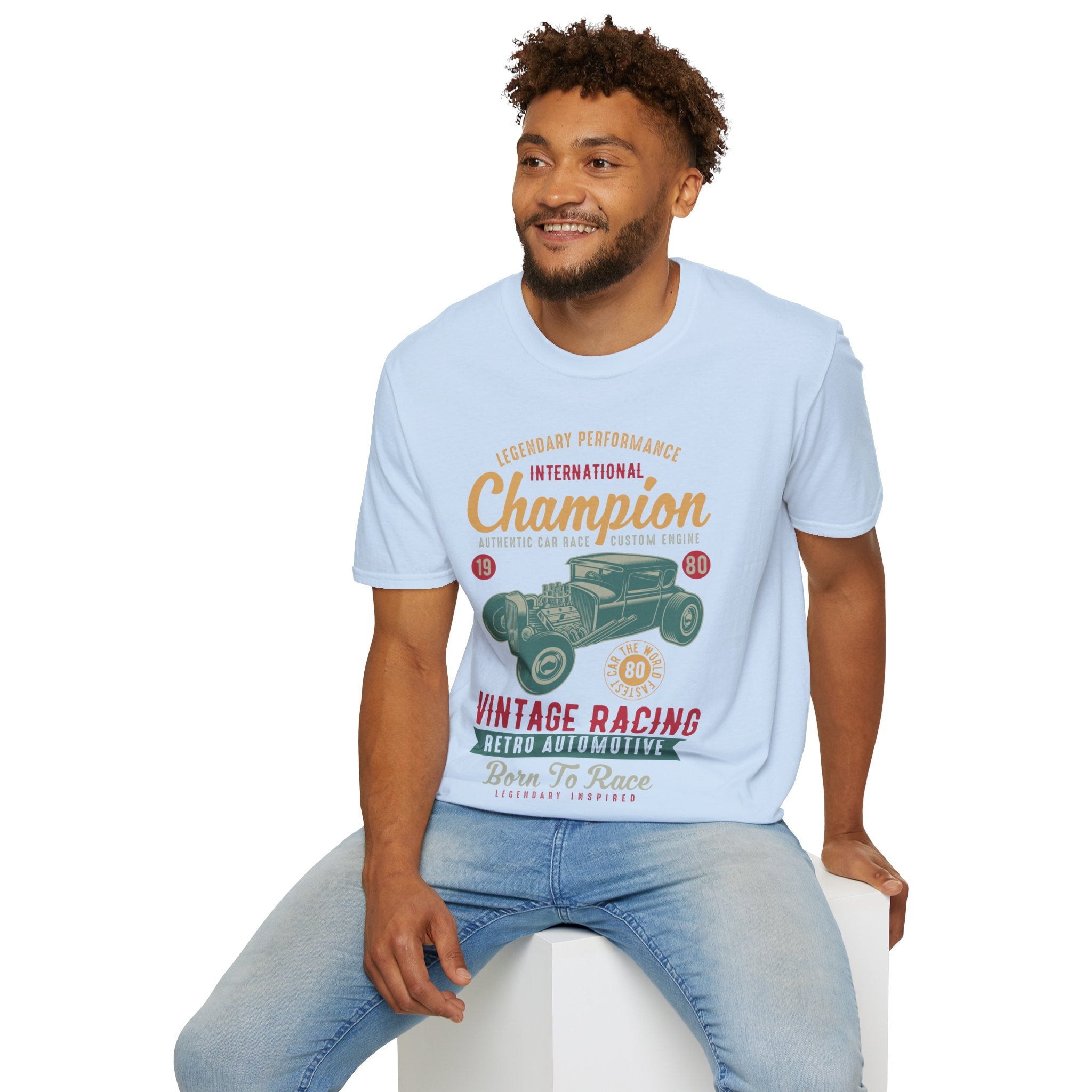 "CHAMPION VINTAGE RACING RETRO AUTOMATIVE BORN TO RACE" Unisex Soft style T-Shirt