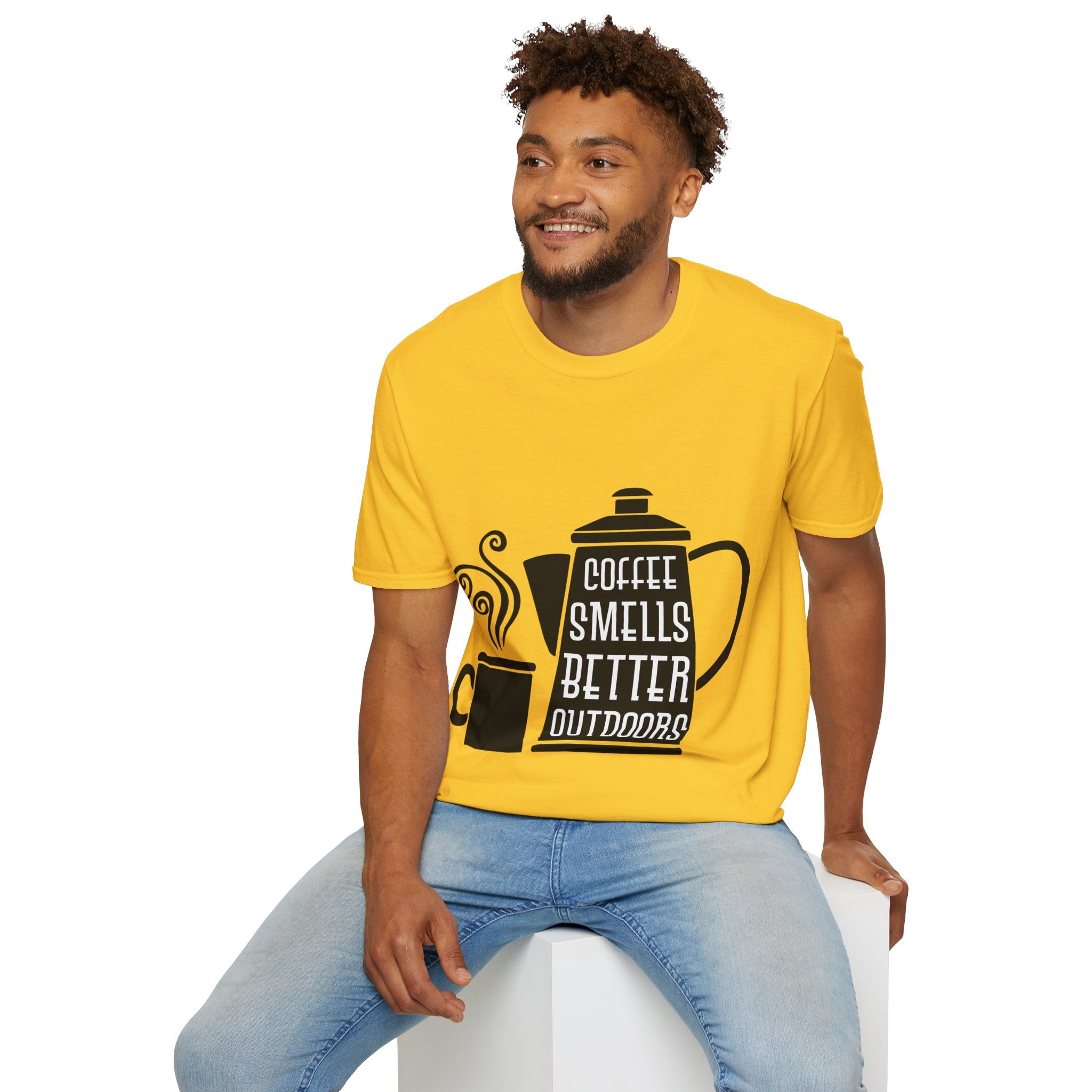 "COFFEE SMELLS BETTER OUTDOORS" Unisex Soft style T-Shirt