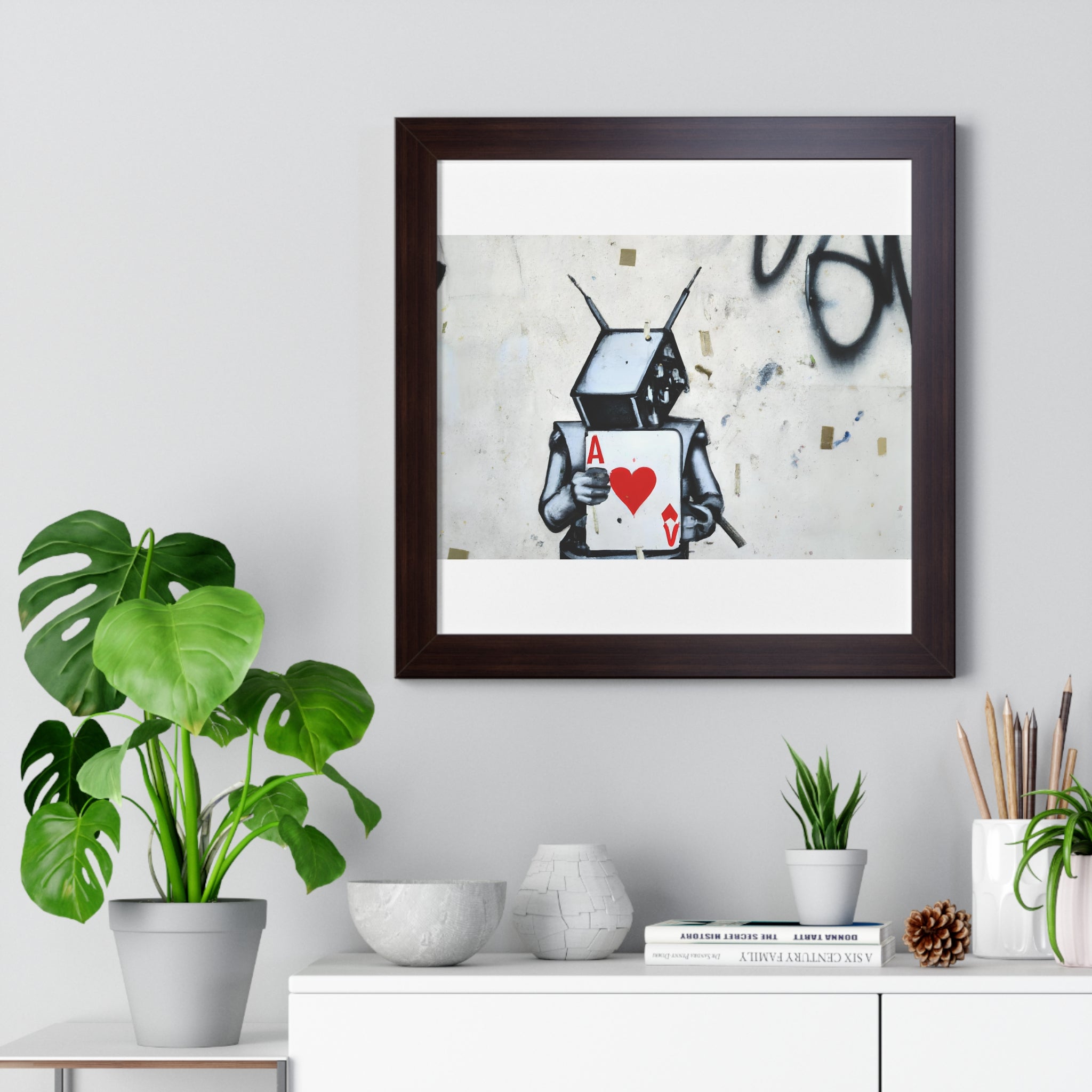 "BANKSY-STYLE GRAFFITI OF A ROBOT PLAYING CARDS" Framed Vertical Poster