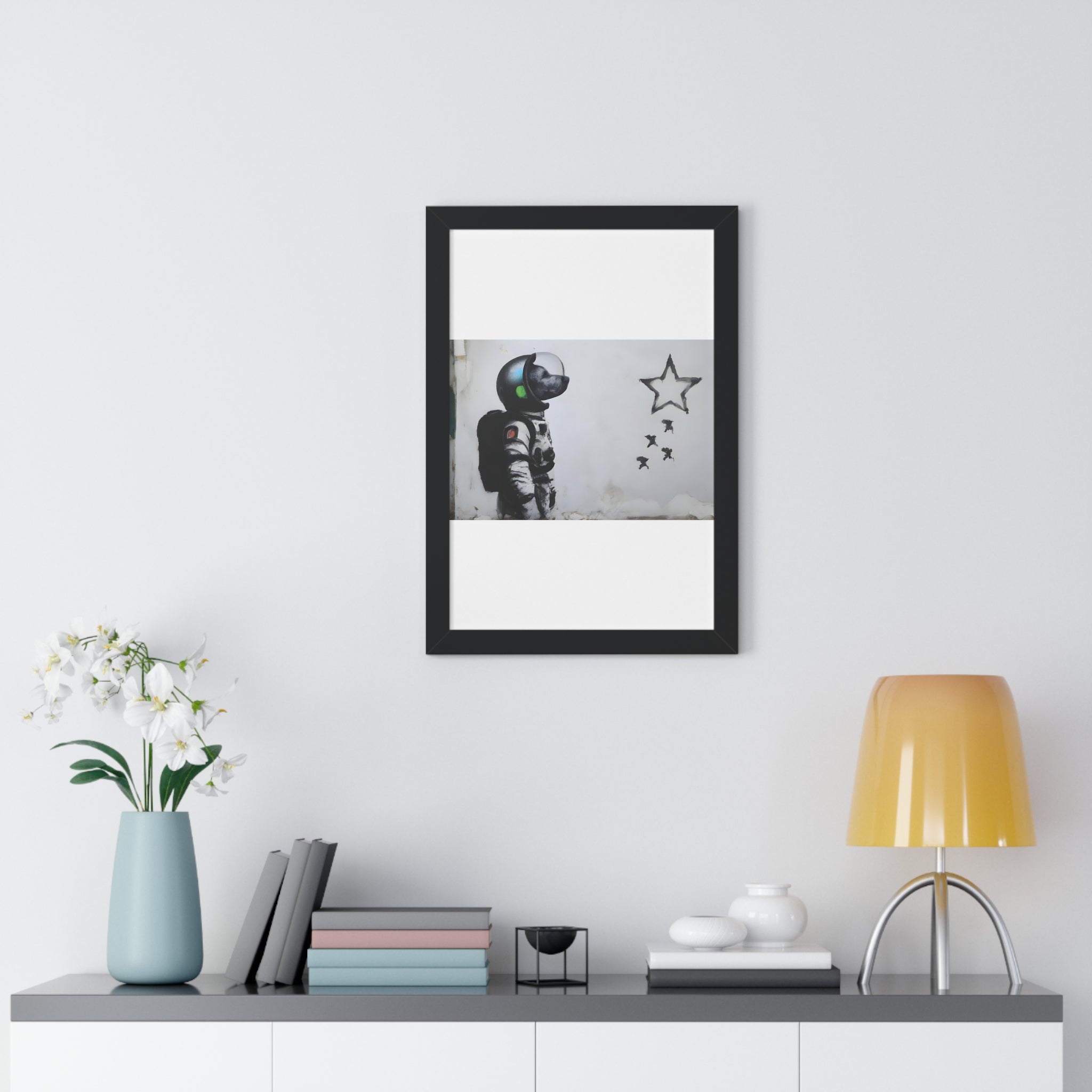 "BANKSY-STYLE ASTRONAUT DOG LOOKING TO THE STARS" Framed Vertical Poster