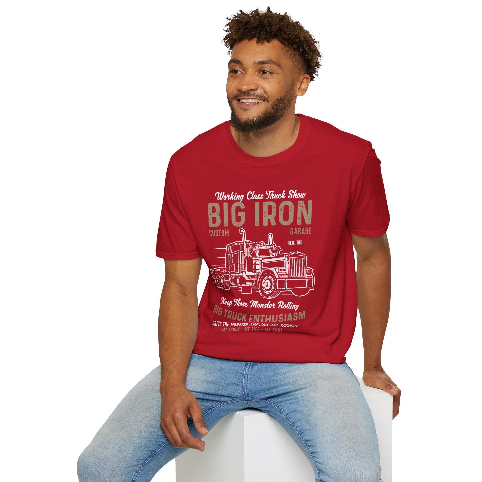 "BIG IRON CUSTOM GARAGE BIG TRUCK ENTHUSIASM" Unisex Soft style T-Shirt