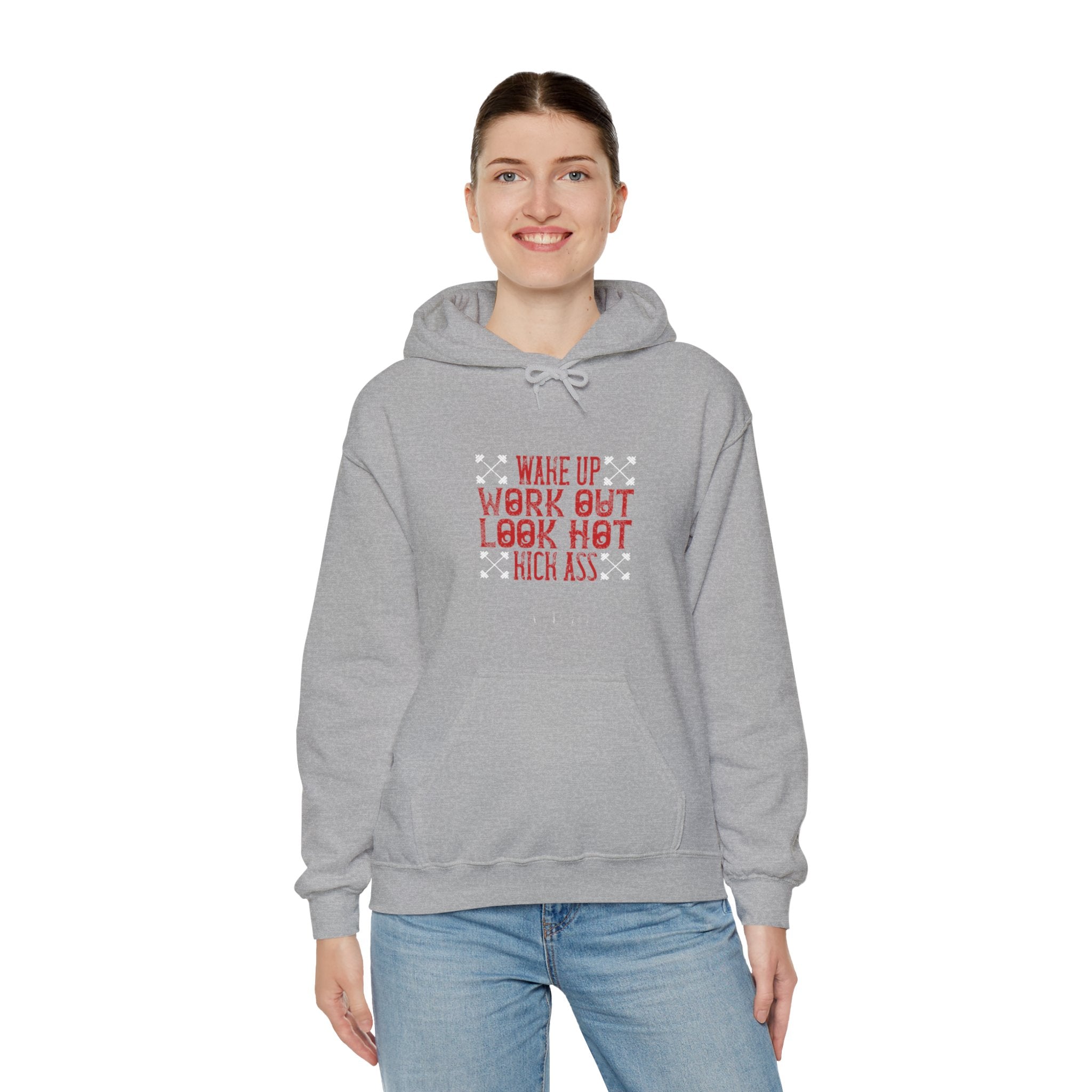 "Wake up. Work out. Look hot. Kick ass" Unisex Heavy Blend™ Hooded Sweatshirt