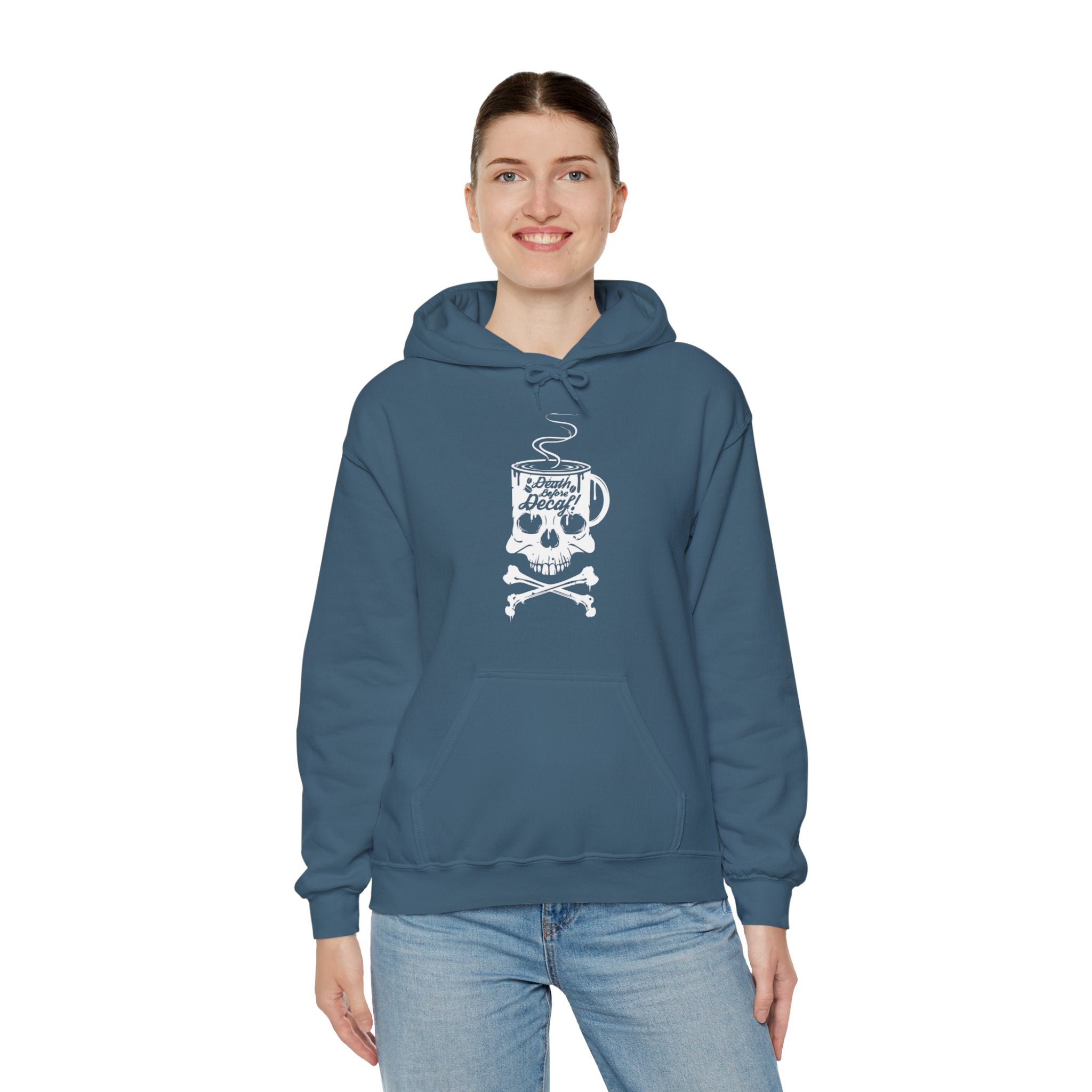 "DEATH BEFORE DECAF!" Unisex Heavy Blend™ Hooded Sweatshirt