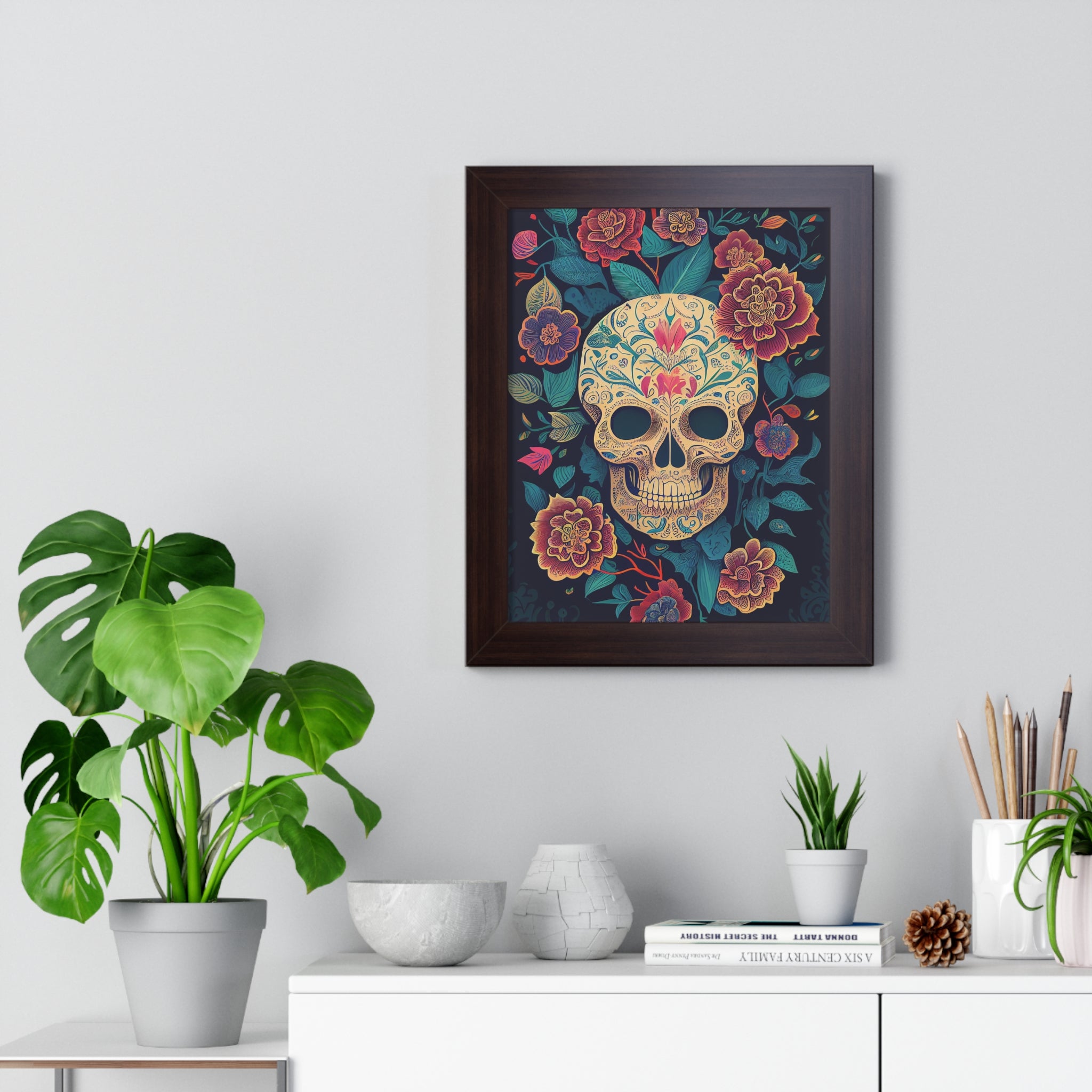 "BEIGE CHINOISERIE SUGAR SKULL" Framed Vertical Poster