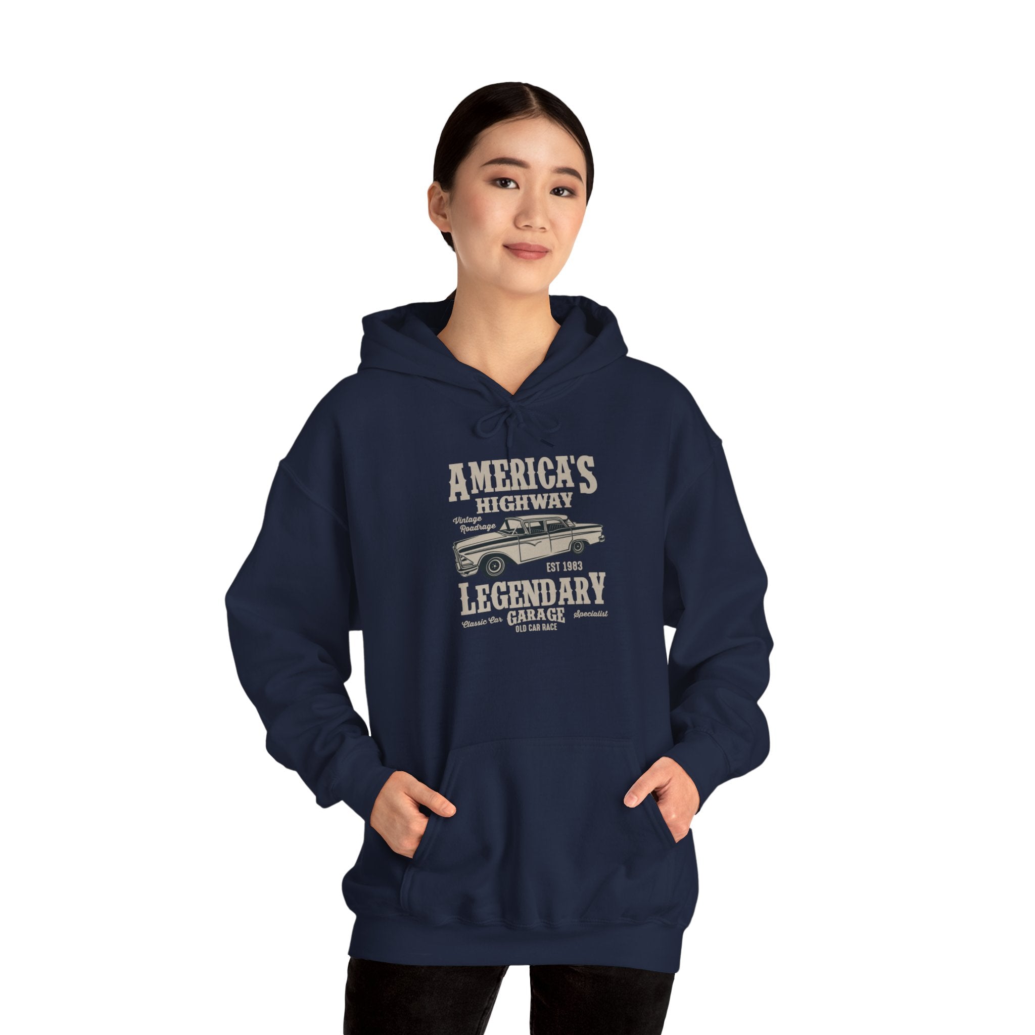 "AMERICA'S HIGHWAY LEGENDARY GARAGE" Unisex Heavy Blend™ Hooded Sweatshirt