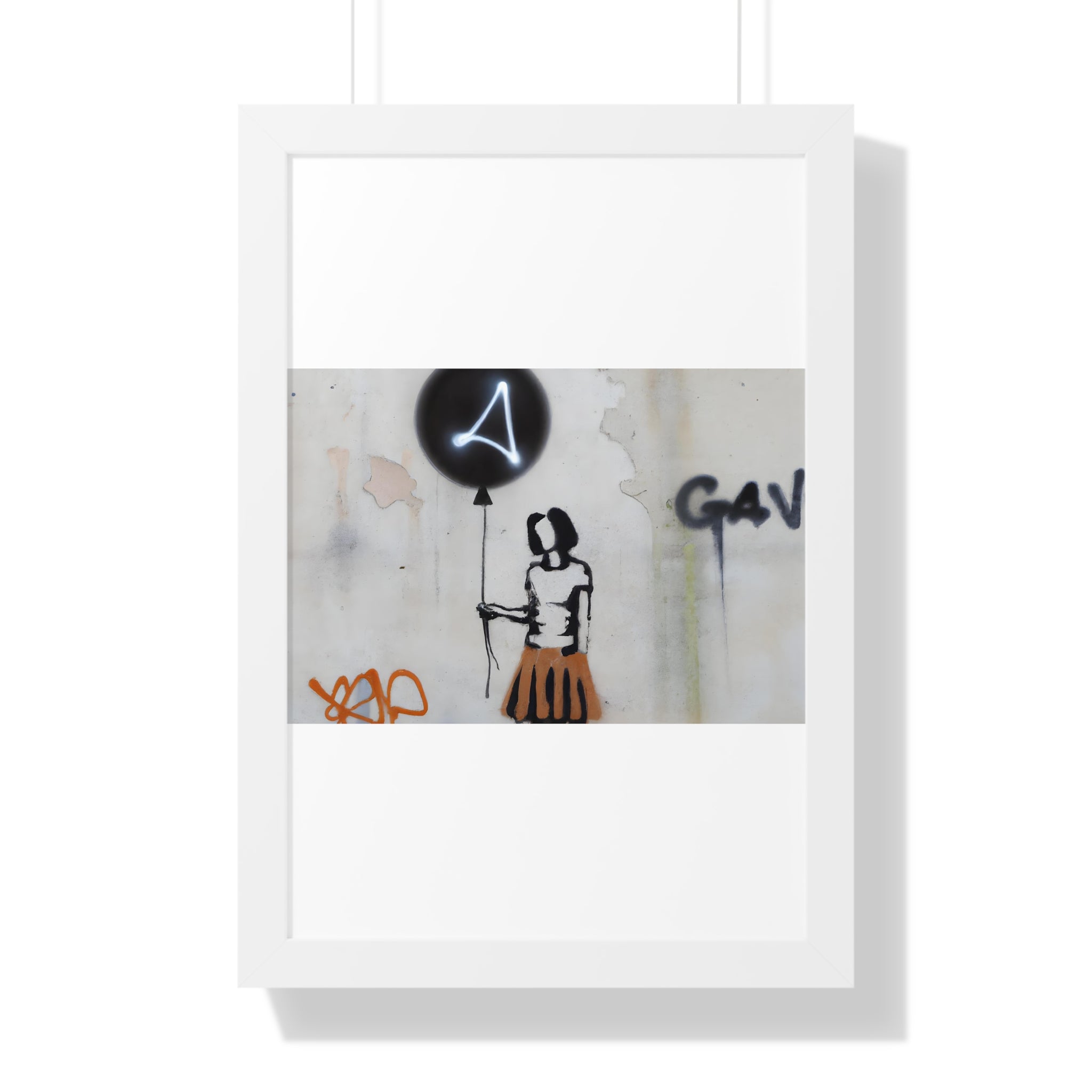 "BANKSY-STYLE GRAFFITI OF A WOMAN IN SKIRT HOLDING A BALLOON" Framed Vertical Poster