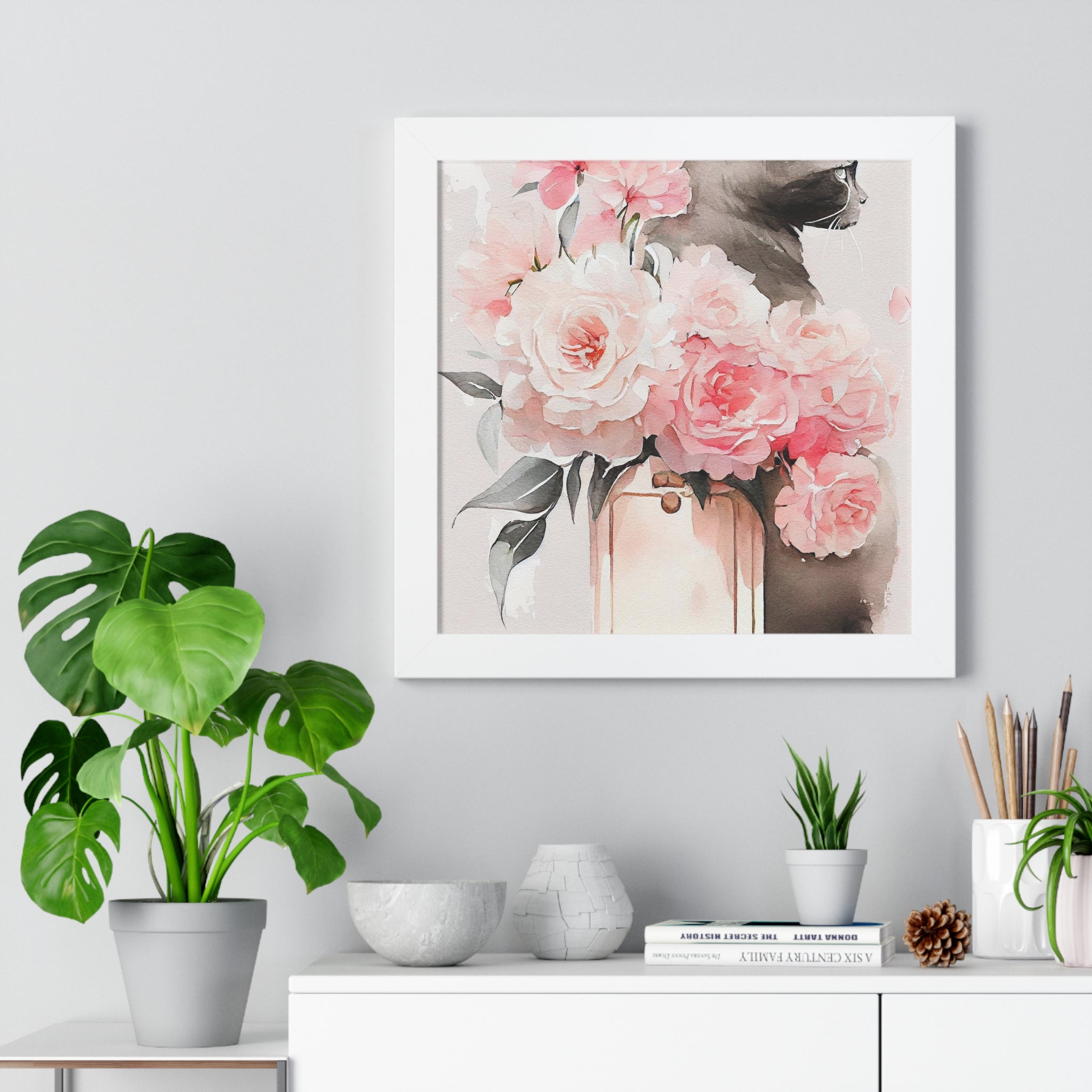 "BLACK CAT PERFUME PEONIES" Framed Vertical Poster