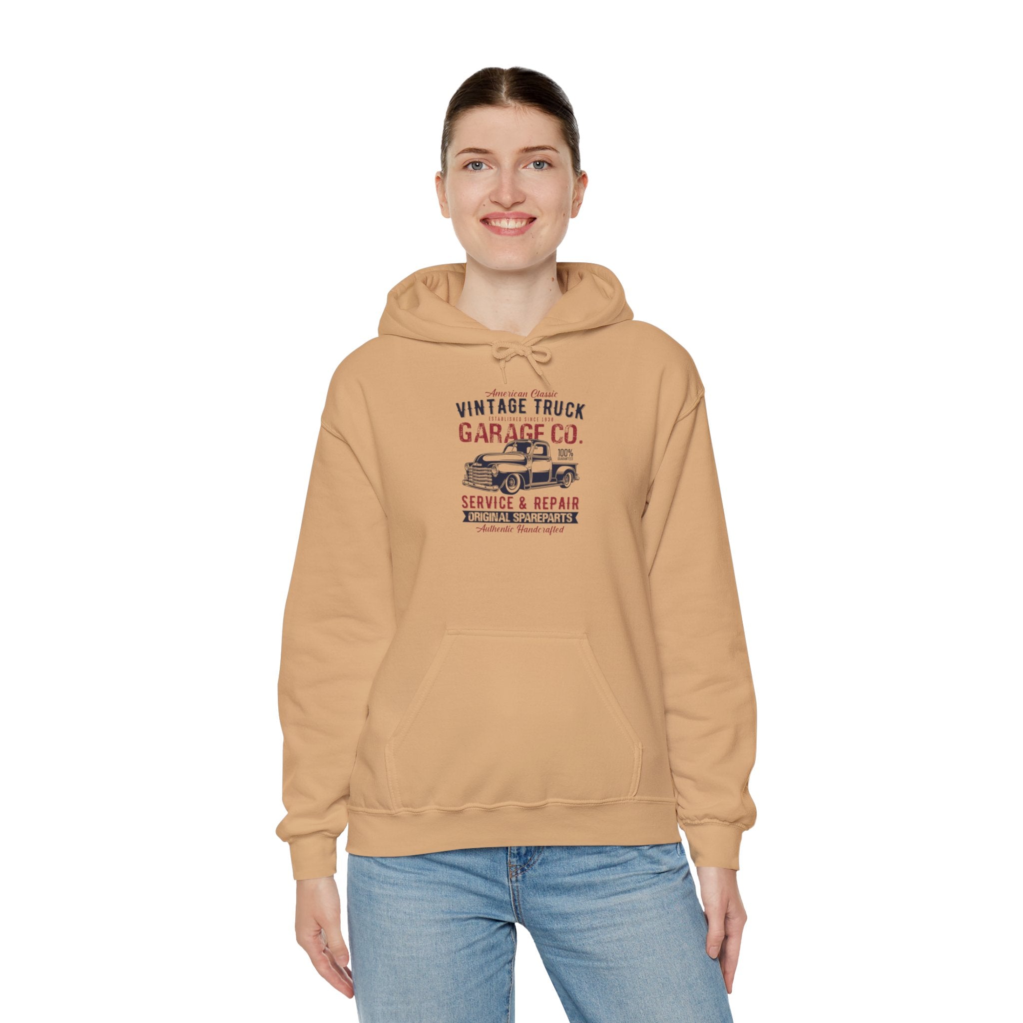 "AMERICAN CLASSIC VINTAGE TRUCK ESTABLISHED SINCE 1938 GARAGE CO. SERVICE & REPAIR ORIGINAL SPARE PARTS AUTHENTIC HANDCRAFTED" Unisex Heavy Blend™ Hooded Sweatshirt