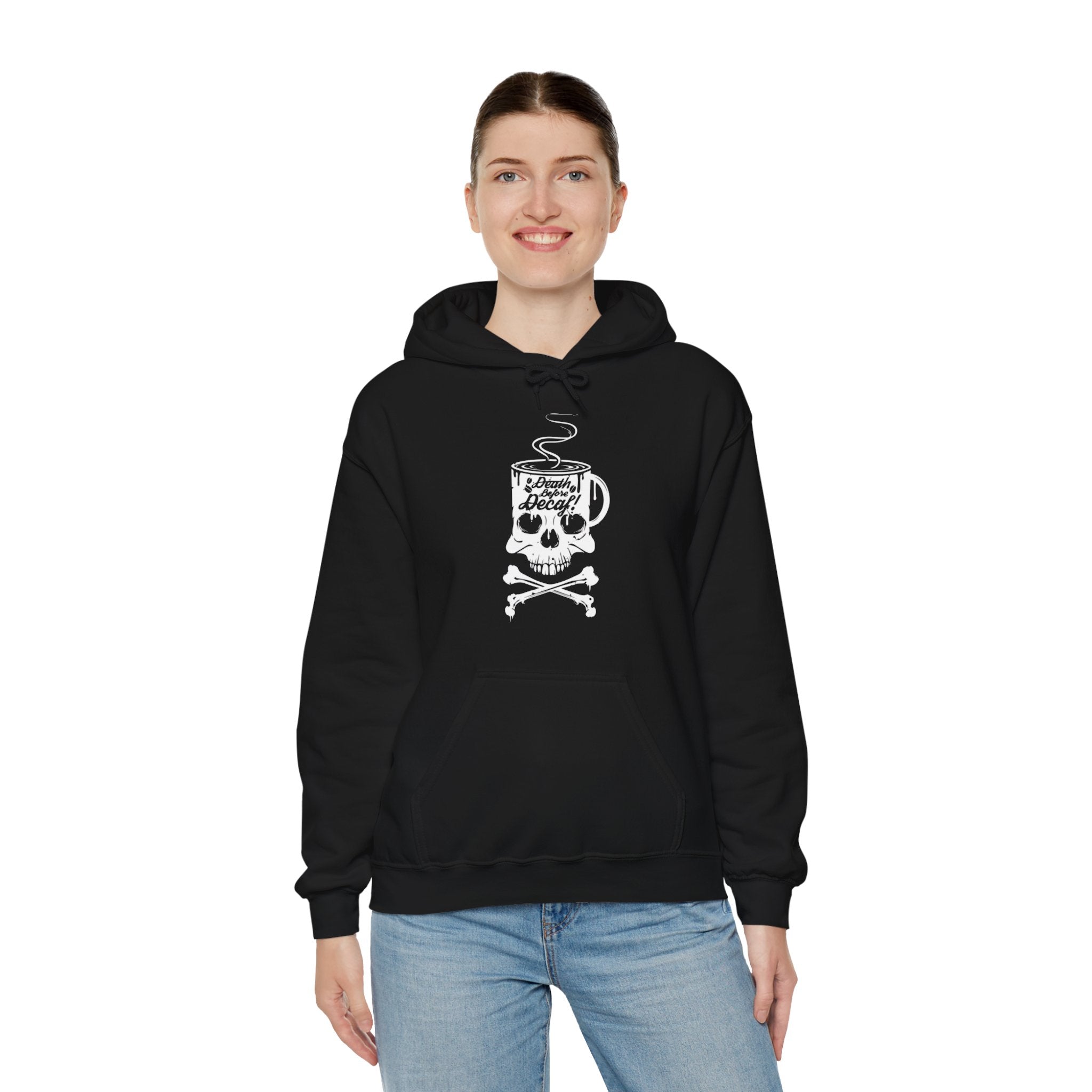 "DEATH BEFORE DECAF!" Unisex Heavy Blend™ Hooded Sweatshirt