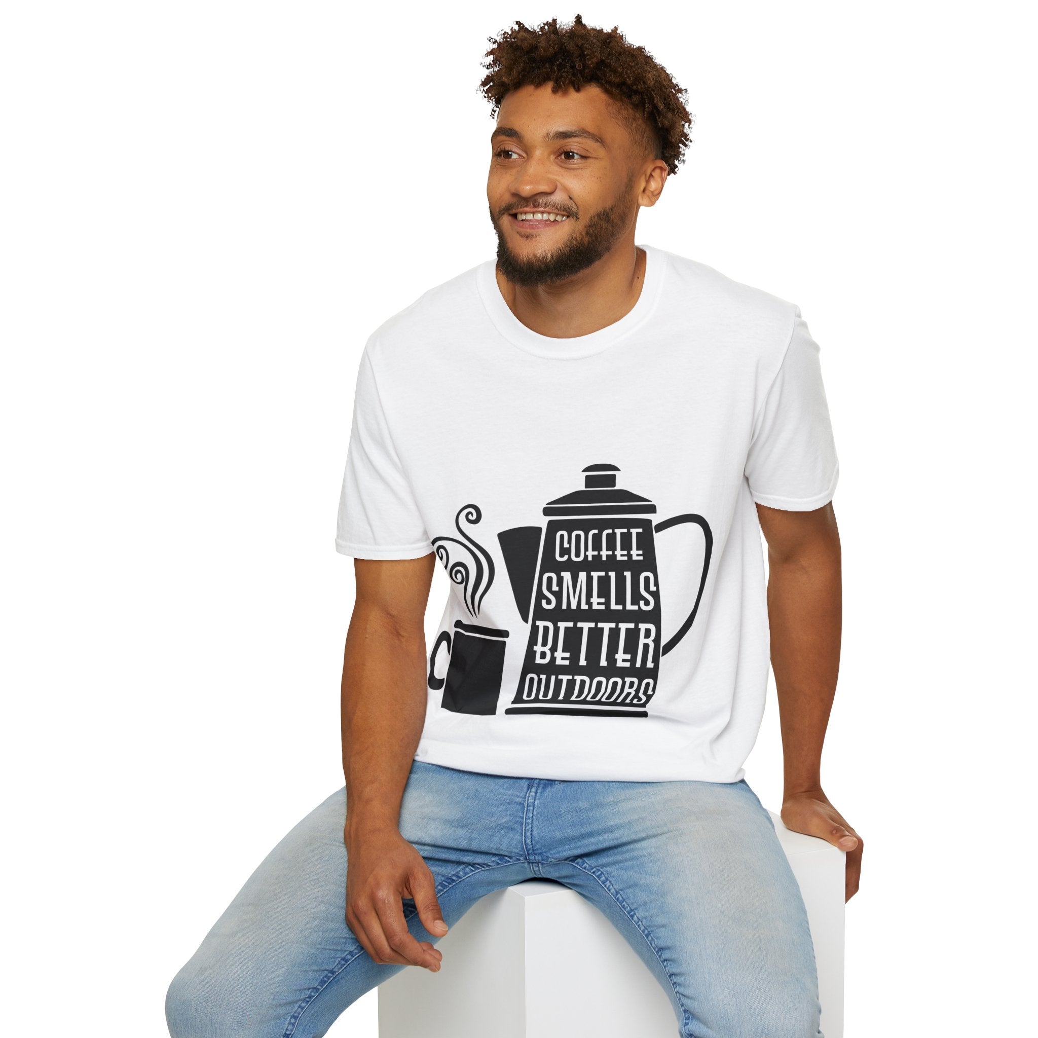 "COFFEE SMELLS BETTER OUTDOORS" Unisex Soft style T-Shirt